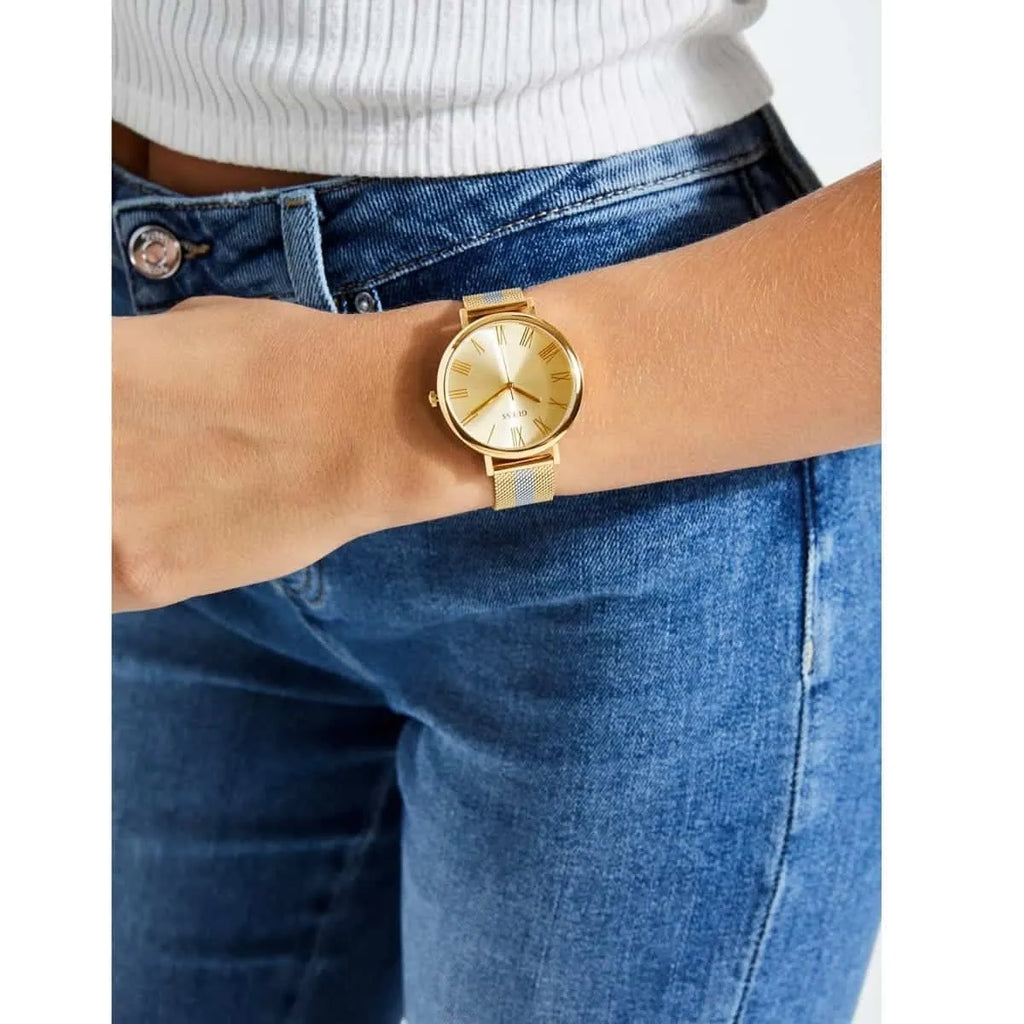 Guess original-watches ساعة لينوكس للنساء، سوار شبكي من الستانلس ستيل، مينا ذهبي - U1155L3