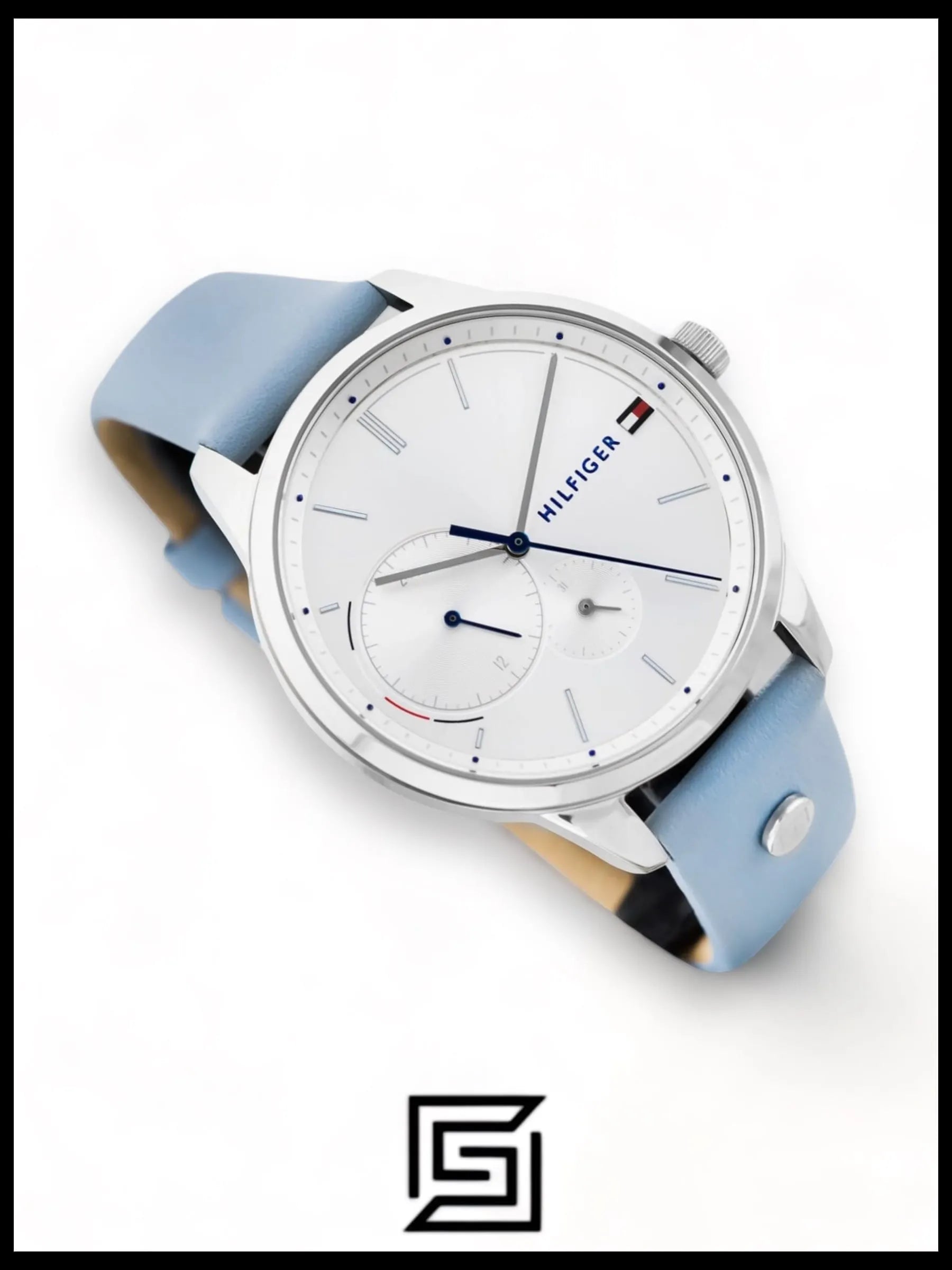 Tommy Hilfiger ساعات أصلية جلد شكل دائري أنالوج مقاومة للماء أزرق فاتح - 1782023