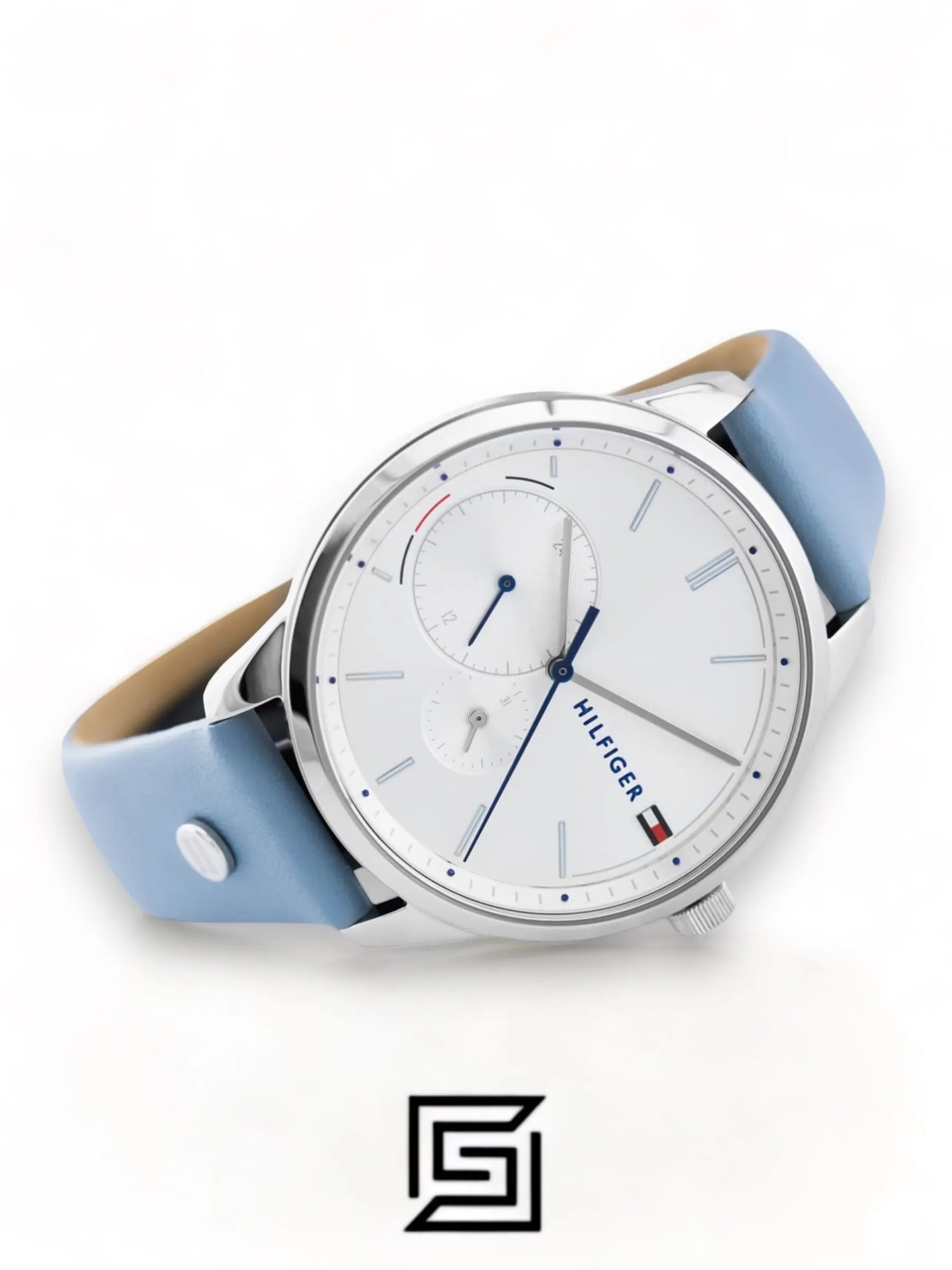 Tommy Hilfiger ساعات أصلية جلد شكل دائري أنالوج مقاومة للماء أزرق فاتح - 1782023
