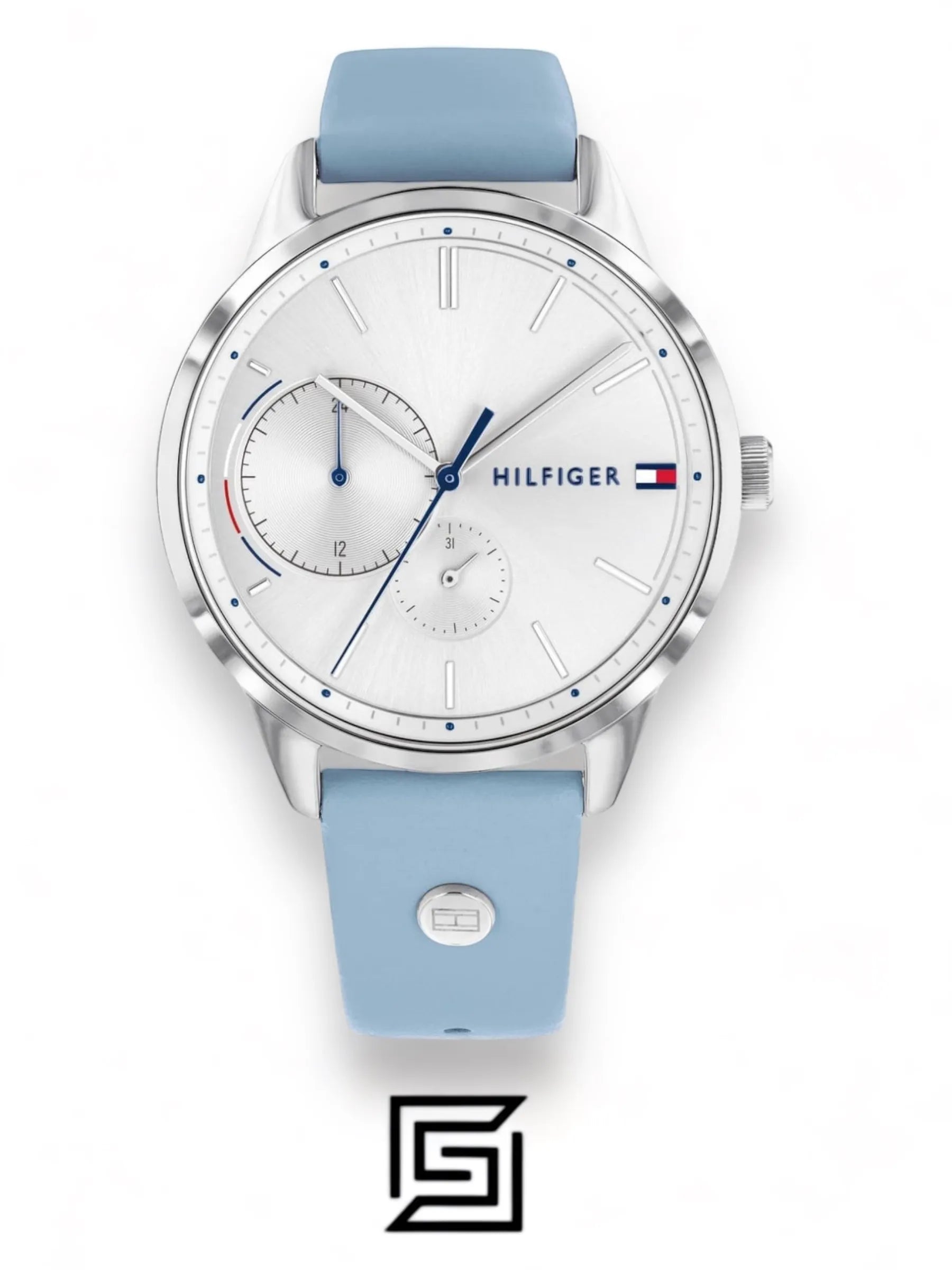 Tommy Hilfiger ساعات أصلية جلد شكل دائري أنالوج مقاومة للماء أزرق فاتح - 1782023