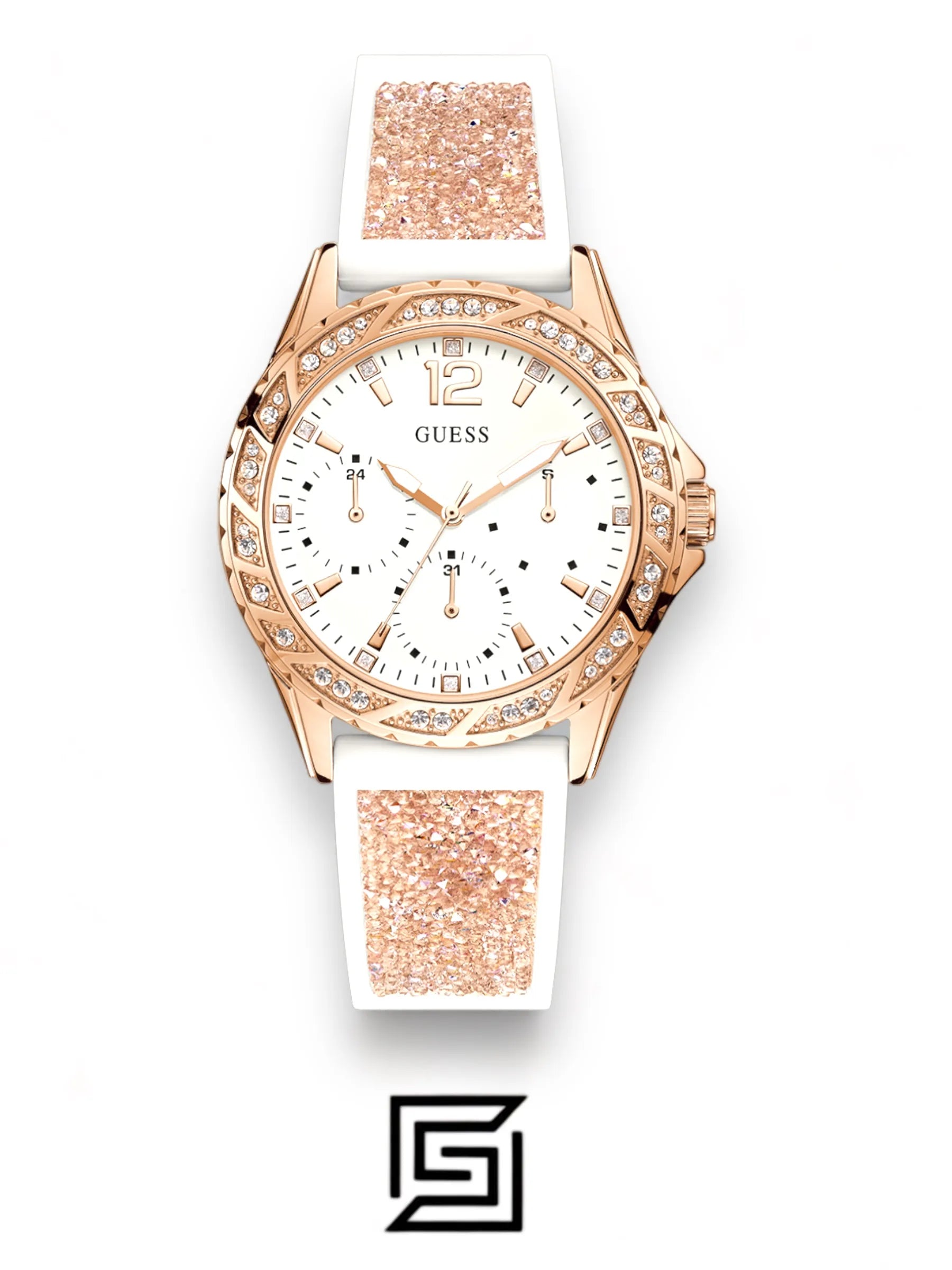 ساعة يد Guess Guess للسيدات بمينا أبيض وسوار من الستانلس ستيل - W1096L2