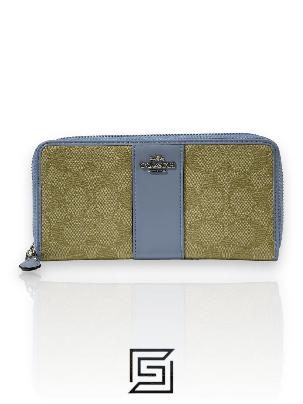 Coach Accordion Zip Wallet In Signature Canvas Khaki &amp; Blue Style No. F54630