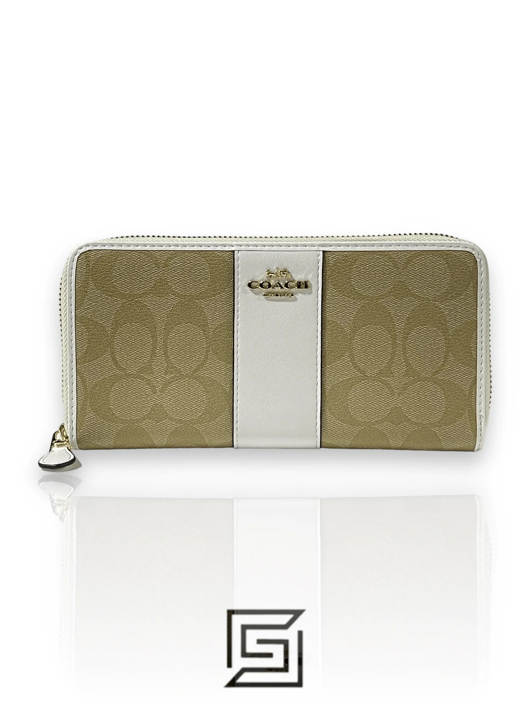 Coach Accordion Zip Wallet In Signature Canvas Khaki &amp; White Style No. F54630