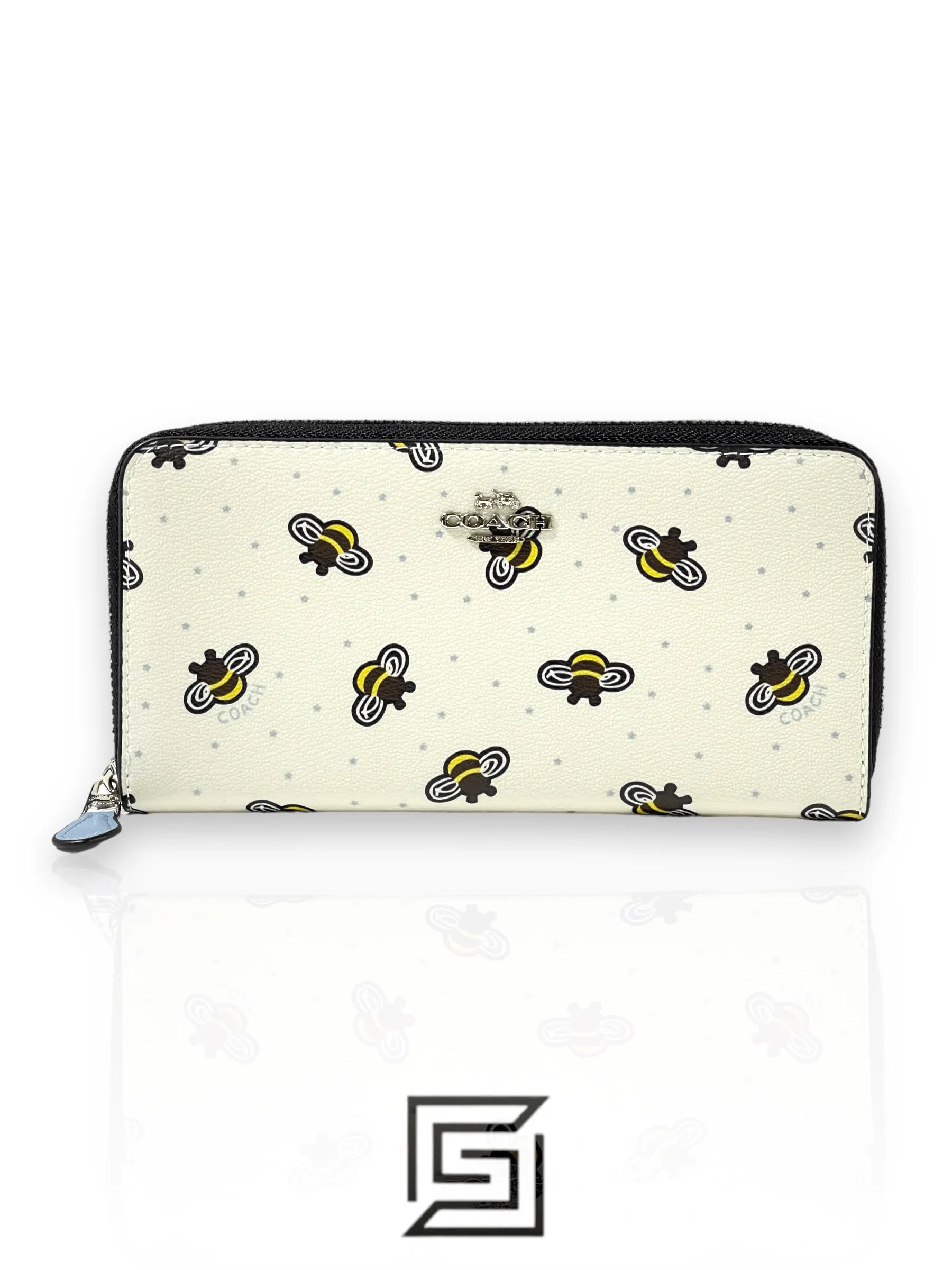 COACH محفظة كوتش طويلة بسحاب دائري على شكل نحلة Accordion أبيض أزرق فاتح F23498