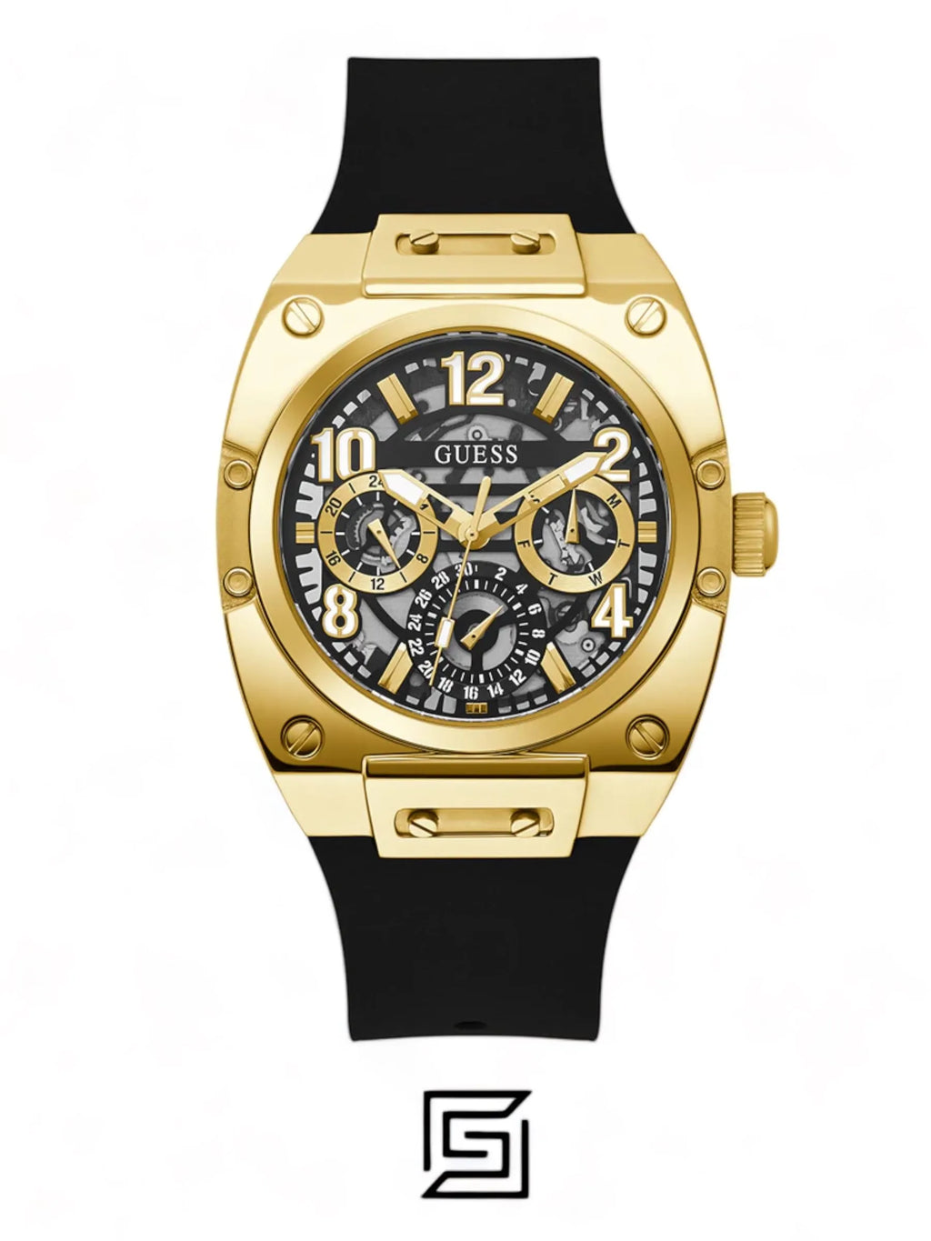 original-watches GUESS Mens Black Gold Tone Multi-function Watch GW0569G2