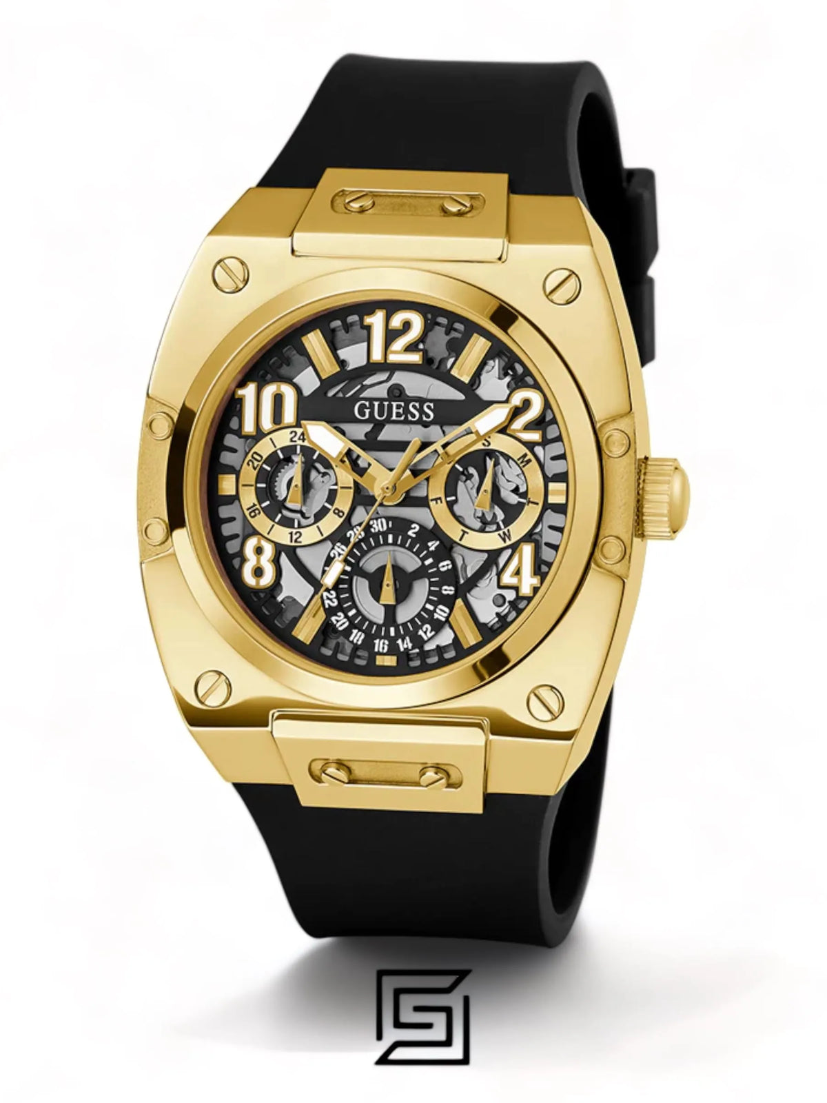 original-watches GUESS Mens Black Gold Tone Multi-function Watch GW0569G2