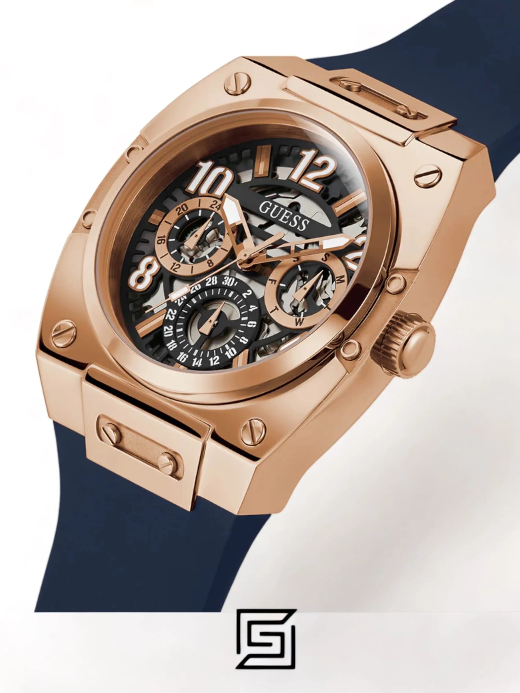 original-watches GUESS Mens Navy Rose Gold Tone Multi-function Watch GW0569G3