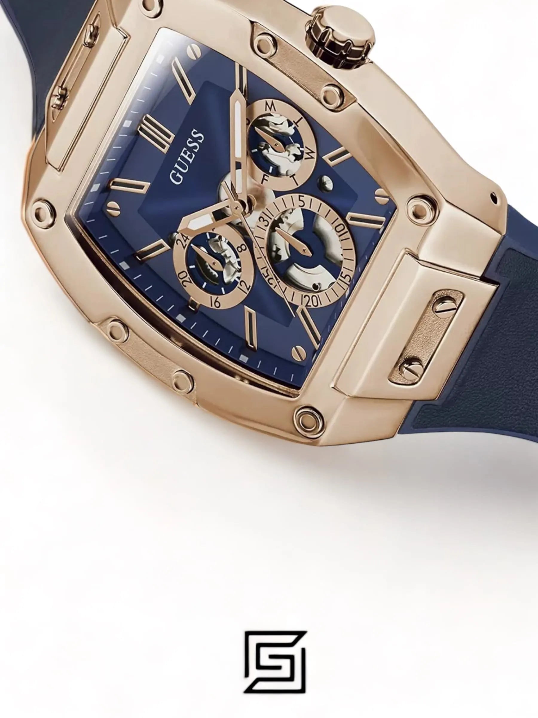 original-watches Men's Guess Rose Gold Multifunction Case Blue Strap Watch - GW0202G4