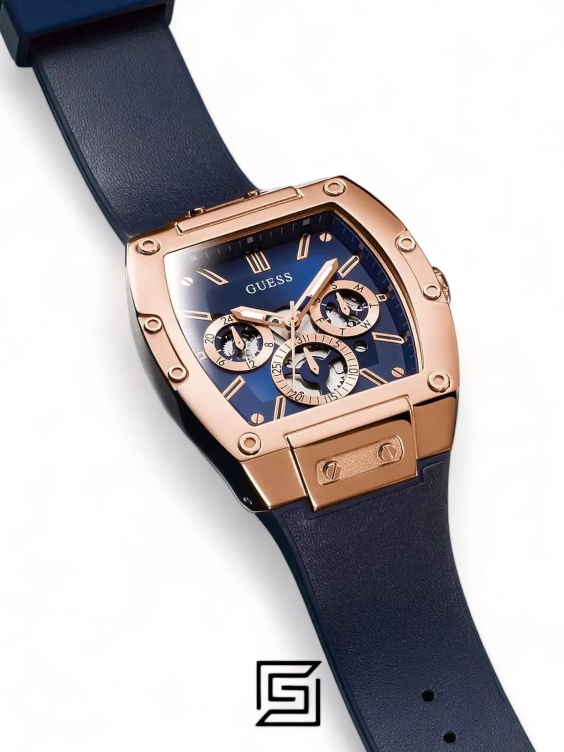 original-watches Men's Guess Rose Gold Multifunction Case Blue Strap Watch - GW0202G4