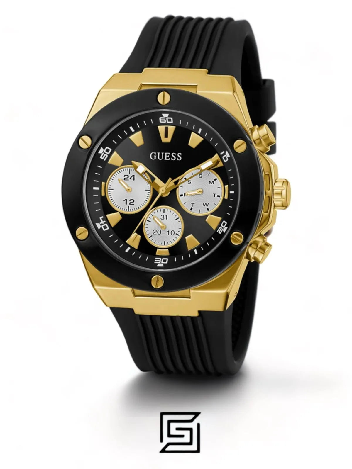 original-watches GUESS Mens Black Gold Tone Multi-function Watch GW0057G1