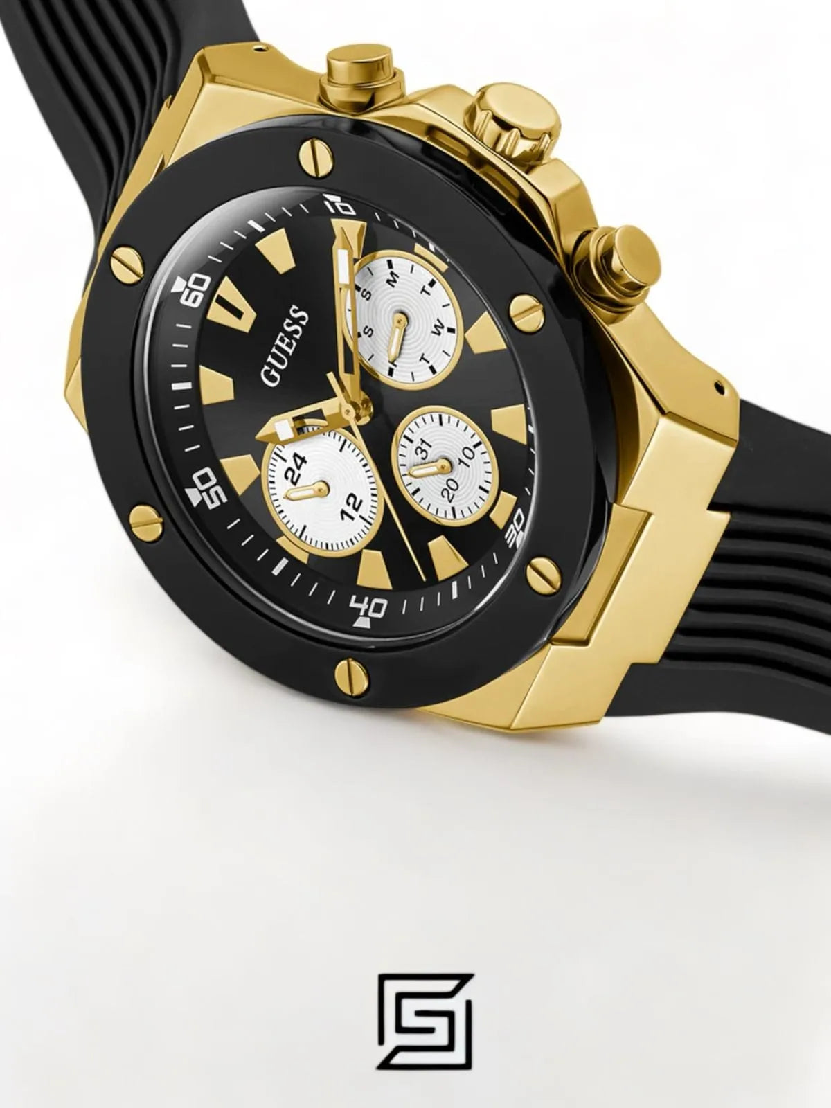 original-watches GUESS Mens Black Gold Tone Multi-function Watch GW0057G1