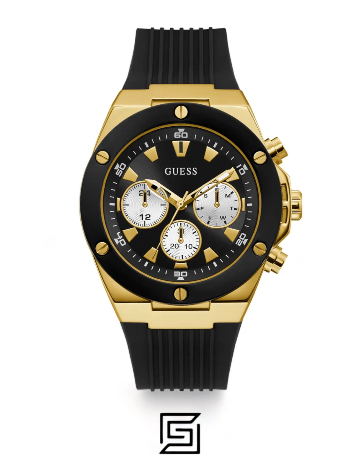 original-watches GUESS Mens Black Gold Tone Multi-function Watch GW0057G1