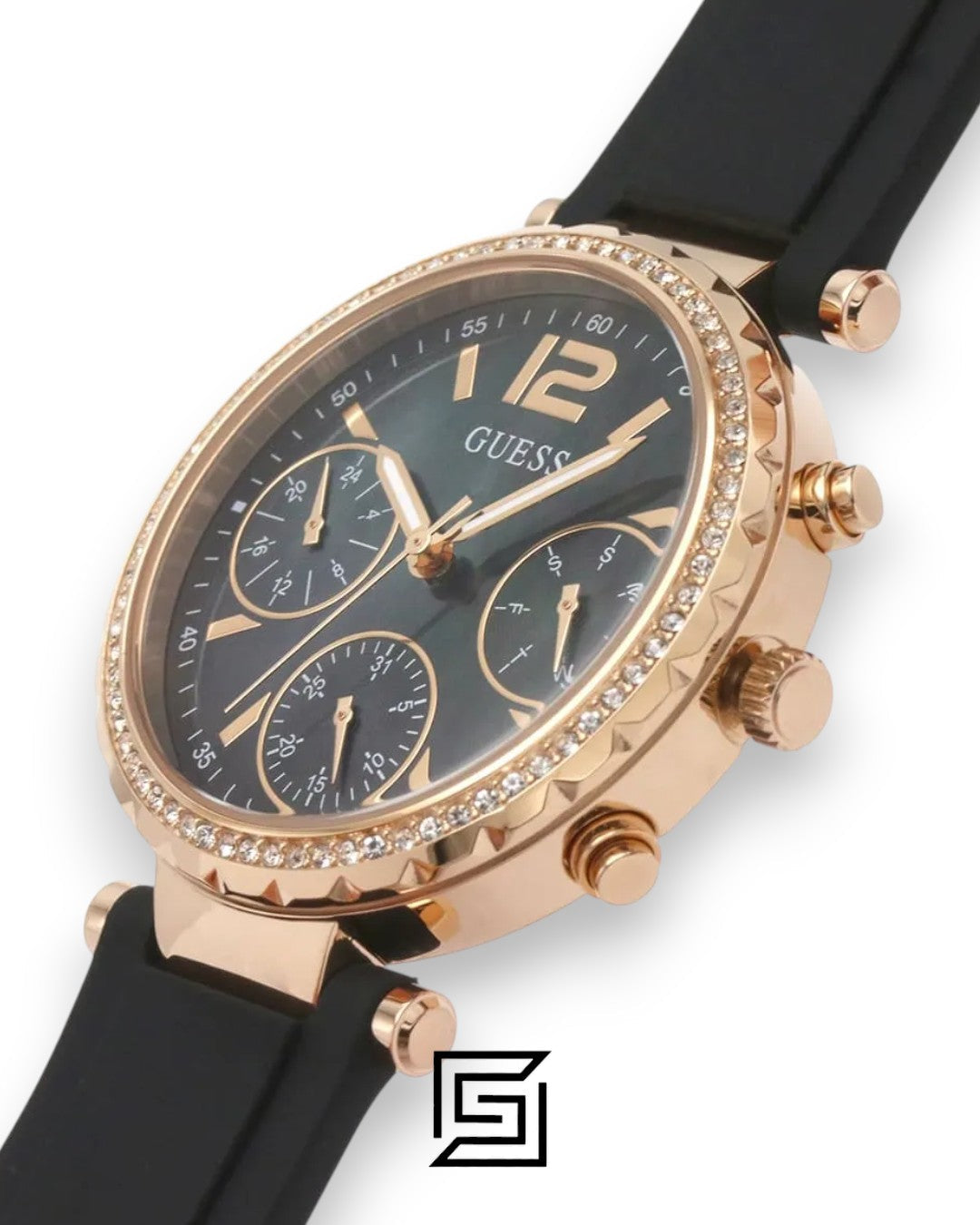 GUESS MEN ROSE GOLD TONE Analog RUBERR BLACK BAND Watch GW0113L2
