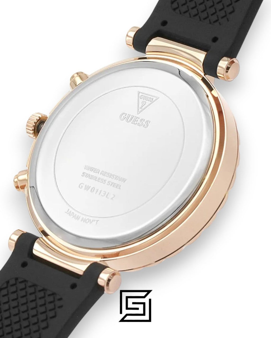 GUESS MEN ROSE GOLD TONE Analog RUBERR BLACK BAND Watch GW0113L2