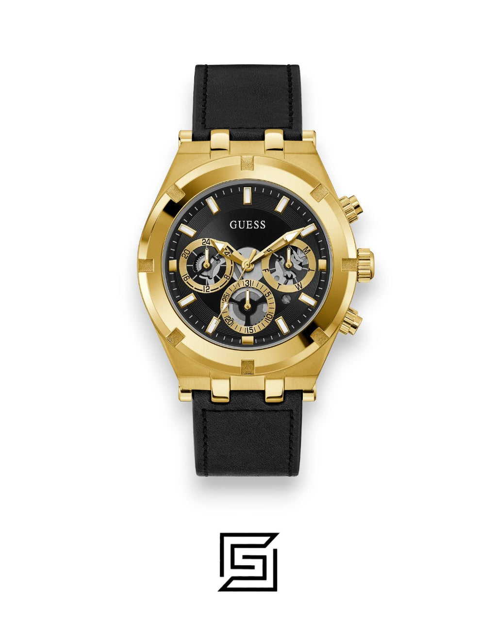 GUESS MEN GOLD TONE Analog RUBERR BLACK BAND Watch GW0262G2