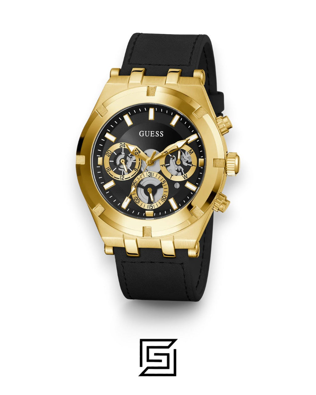 GUESS MEN GOLD TONE Analog RUBERR BLACK BAND Watch GW0262G2