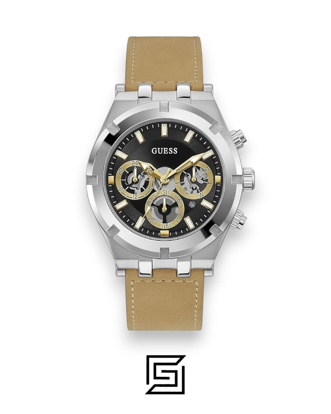 ساعة GUESS رجالي بعقارب فضية وحزام شمواه طراز GW0262G1