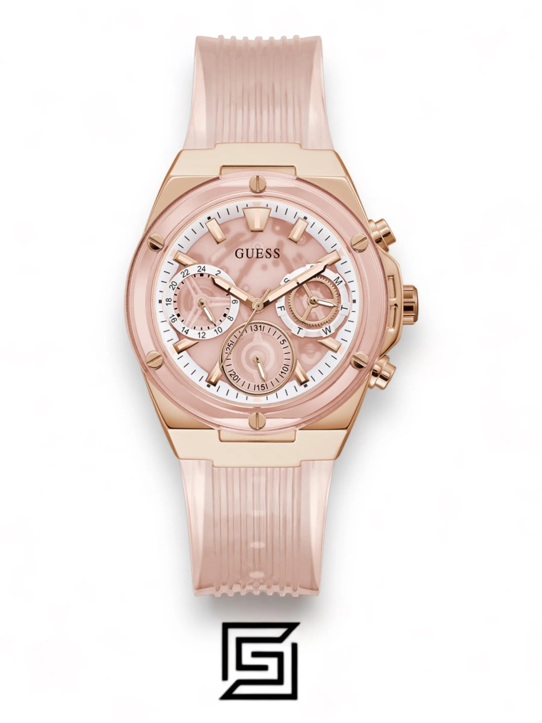 Guess original-watches ساعة يد نسائية متعددة الوظائف بمينا وردي من البولي يوريثان GW0409L3