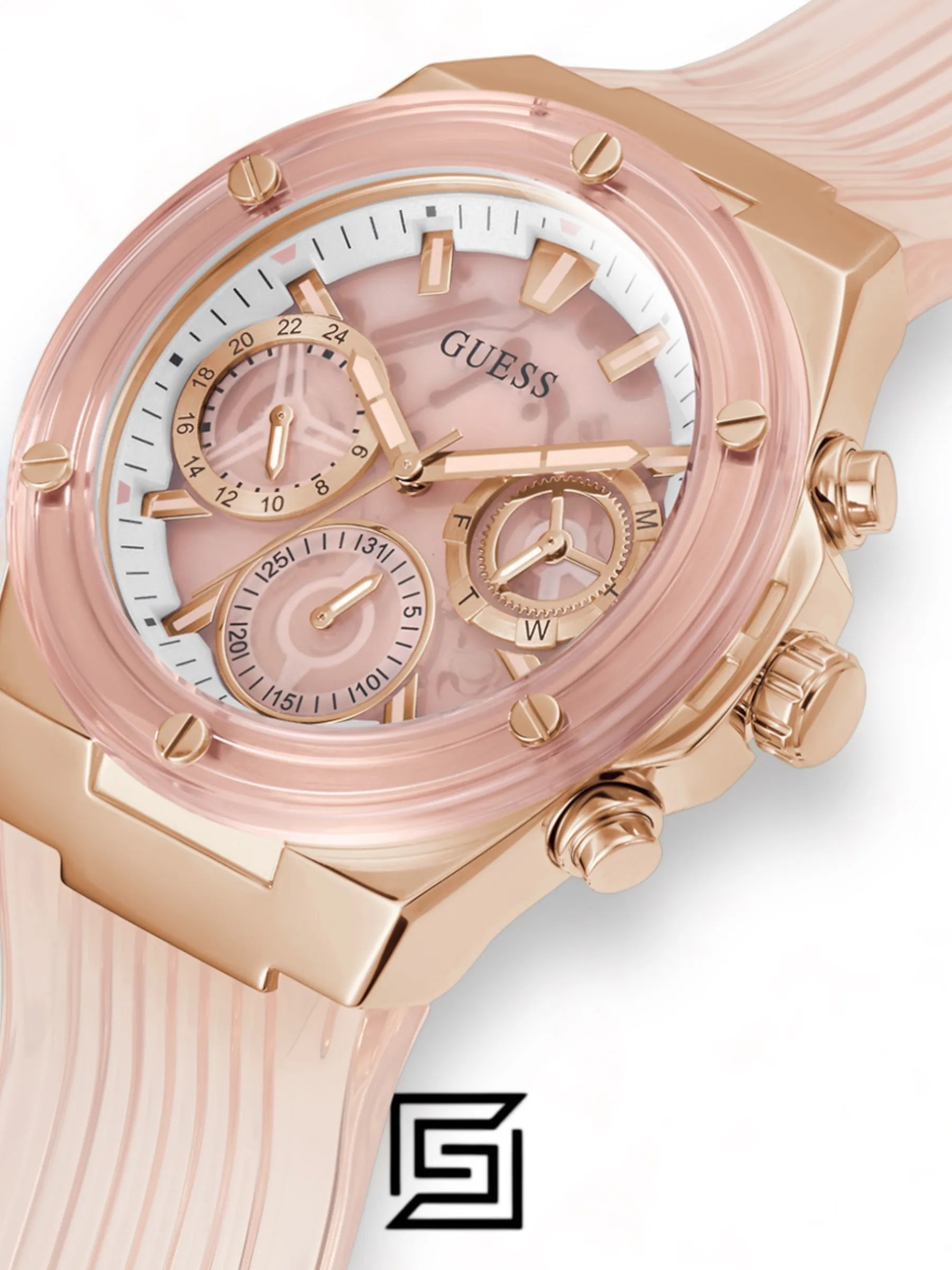Guess original-watches ساعة يد نسائية متعددة الوظائف بمينا وردي من البولي يوريثان GW0409L3
