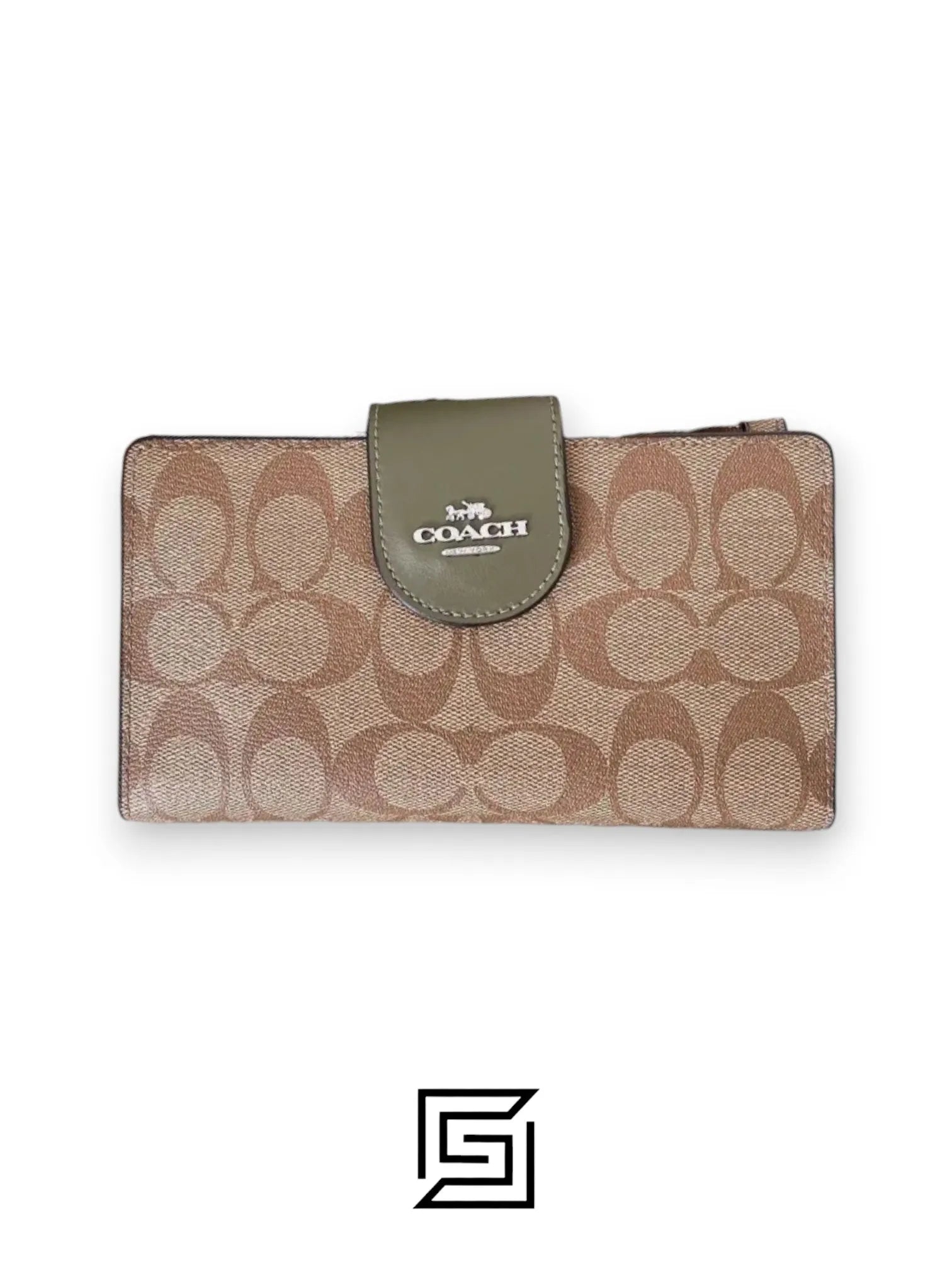 محفظة هاتف بتصميم Signature Canvas بنمط ألوان متعددة، باللون البني والأخضر. رقم الموديل: C2874