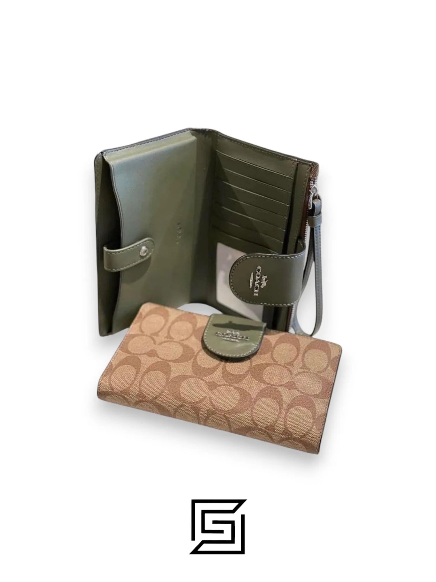محفظة هاتف بتصميم Signature Canvas بنمط ألوان متعددة، باللون البني والأخضر. رقم الموديل: C2874