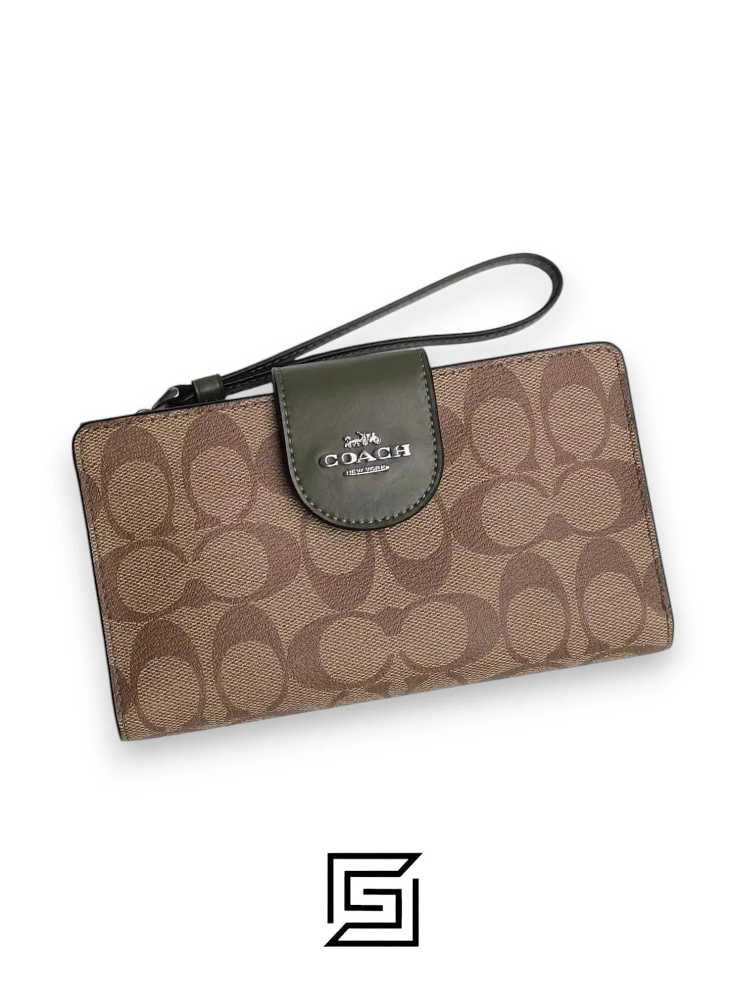 محفظة هاتف بتصميم Signature Canvas بنمط ألوان متعددة، باللون البني والأخضر. رقم الموديل: C2874