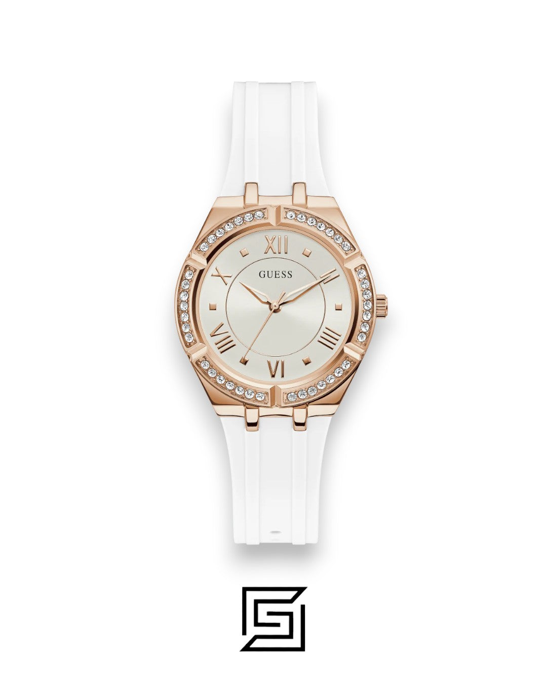 GUESS WOMEN ROSE GOLD TONE Analog  RUBERR WHITE BAND Watch-GW0034L2