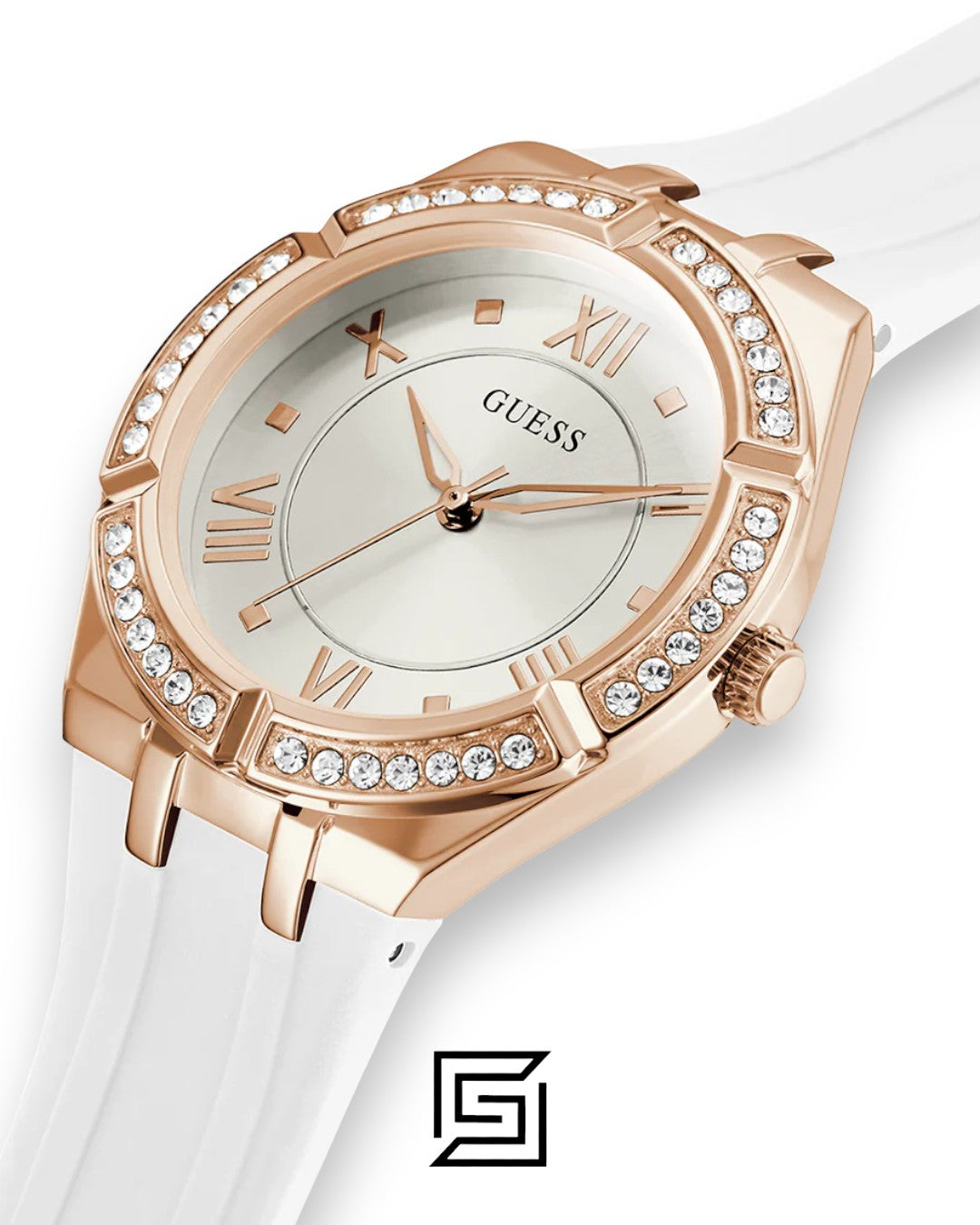 GUESS WOMEN ROSE GOLD TONE Analog  RUBERR WHITE BAND Watch-GW0034L2