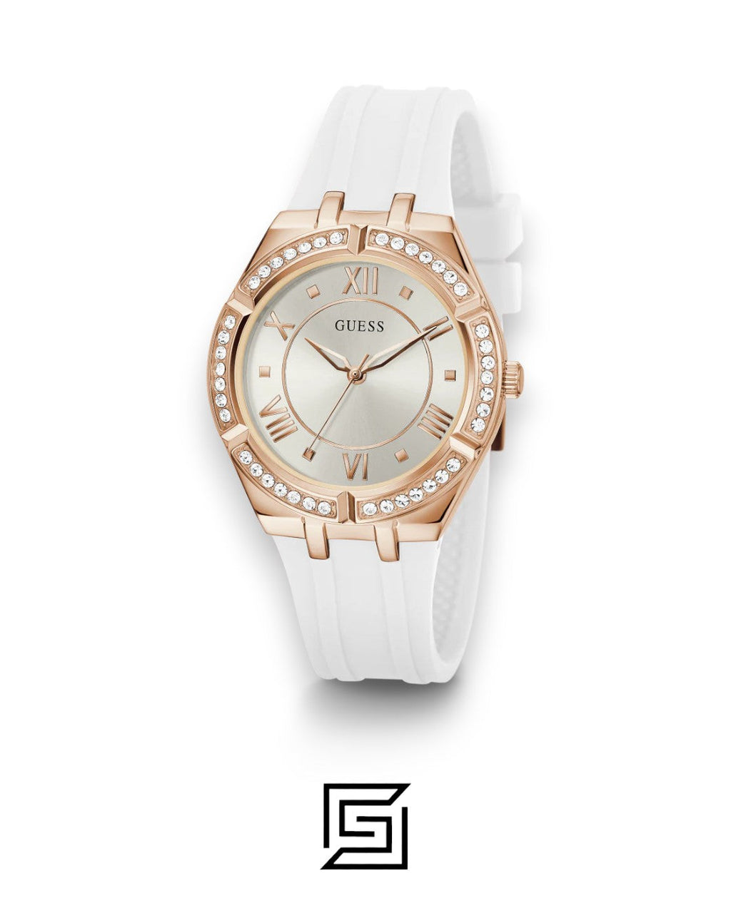 GUESS WOMEN ROSE GOLD TONE Analog  RUBERR WHITE BAND Watch-GW0034L2