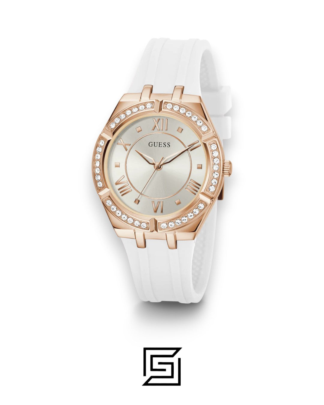 GUESS WOMEN ROSE GOLD TONE Analog  RUBERR WHITE BAND Watch-GW0034L2