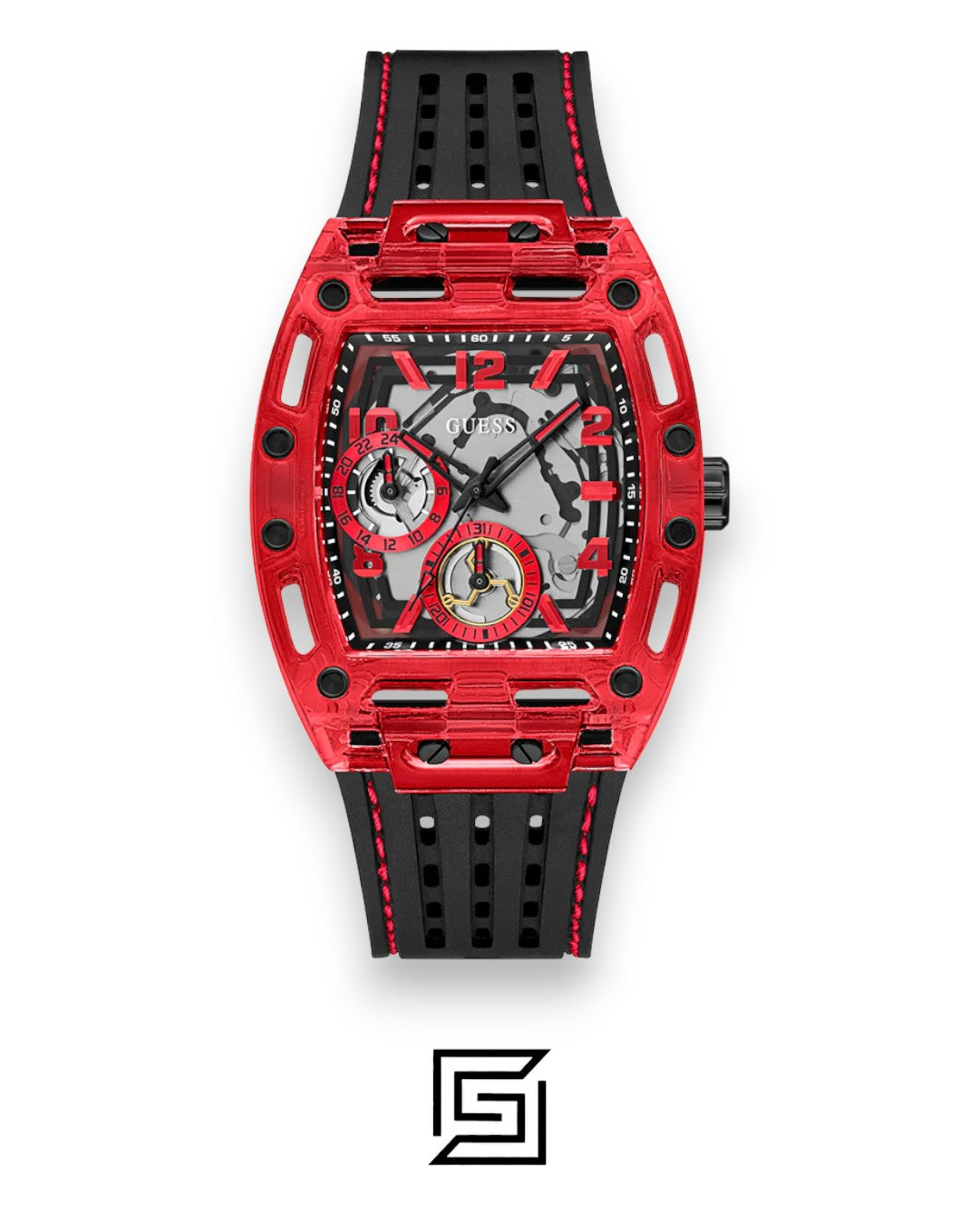 ساعة يد للرجال من جيس GUESS MEN RED بلون أسود ومينا أحمر تناظرية GW0499G4