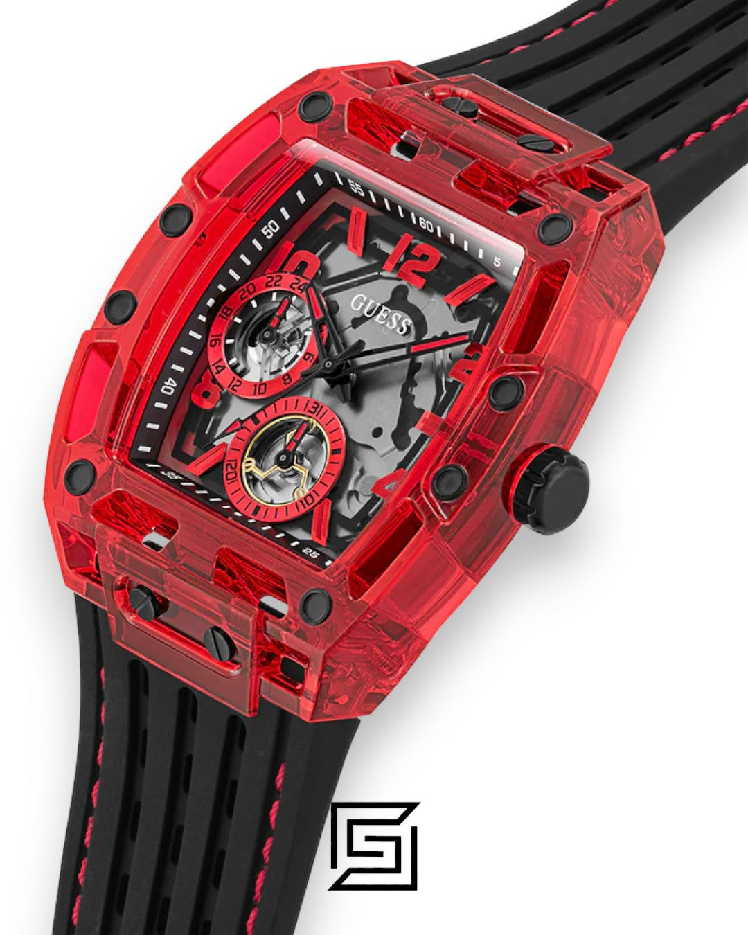 ساعة يد للرجال من جيس GUESS MEN RED بلون أسود ومينا أحمر تناظرية GW0499G4