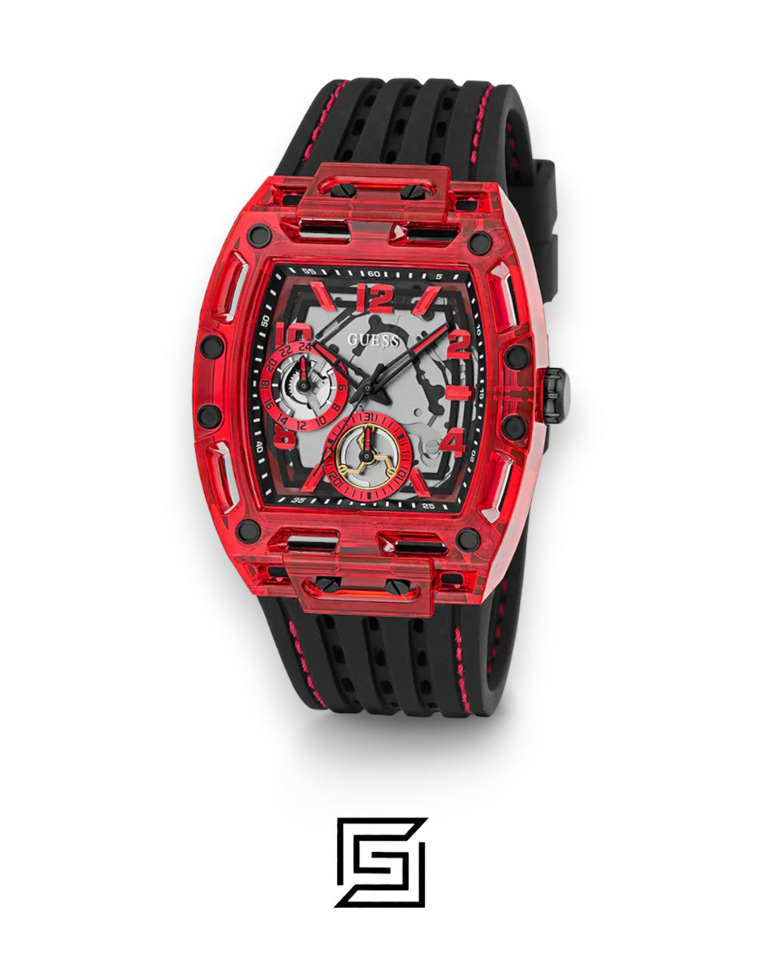 ساعة يد للرجال من جيس GUESS MEN RED بلون أسود ومينا أحمر تناظرية GW0499G4