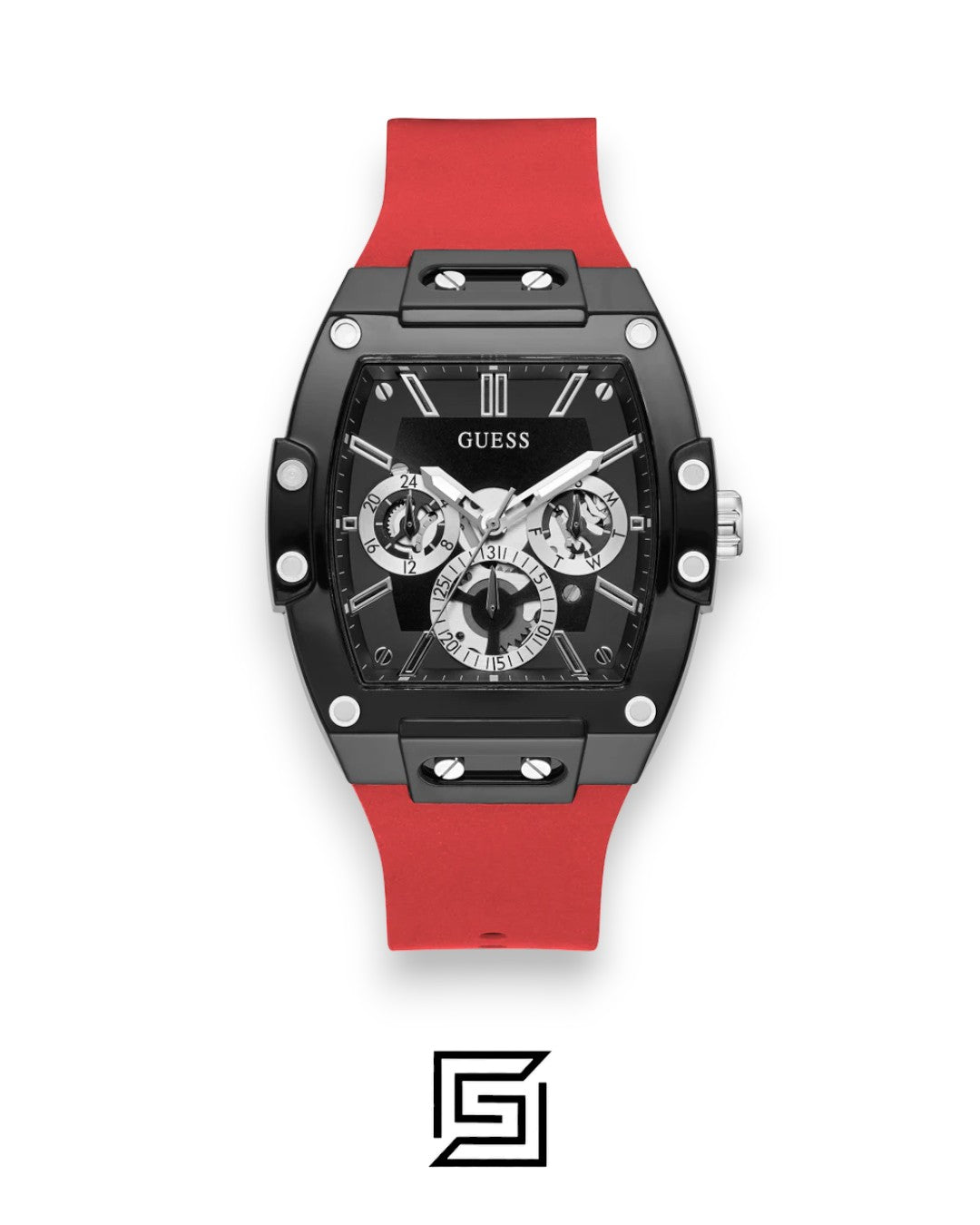 ساعة يد رجالية GUESS تناظرية بسوار أسود وميناء أحمر GW0203G4