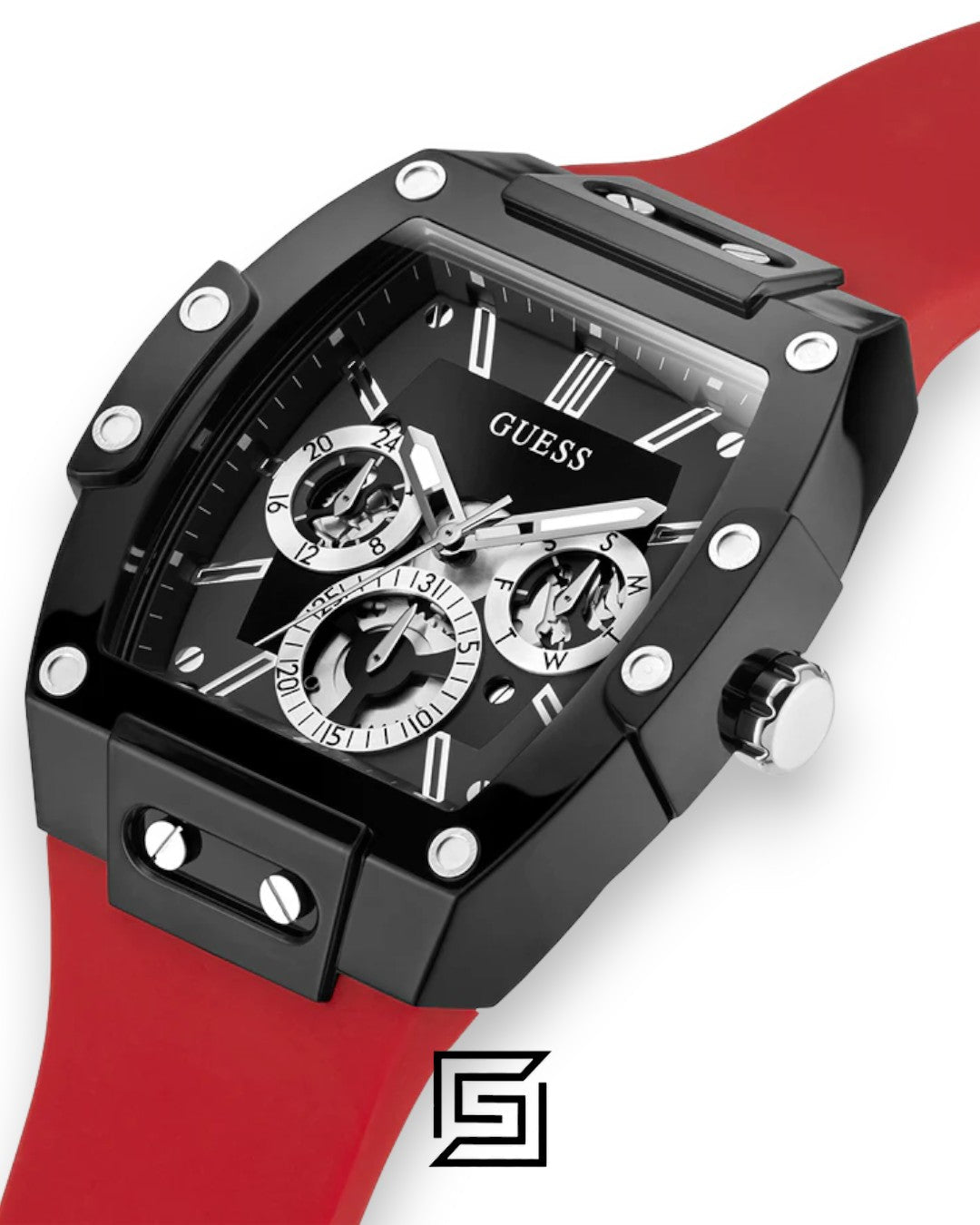 ساعة يد رجالية GUESS تناظرية بسوار أسود وميناء أحمر GW0203G4