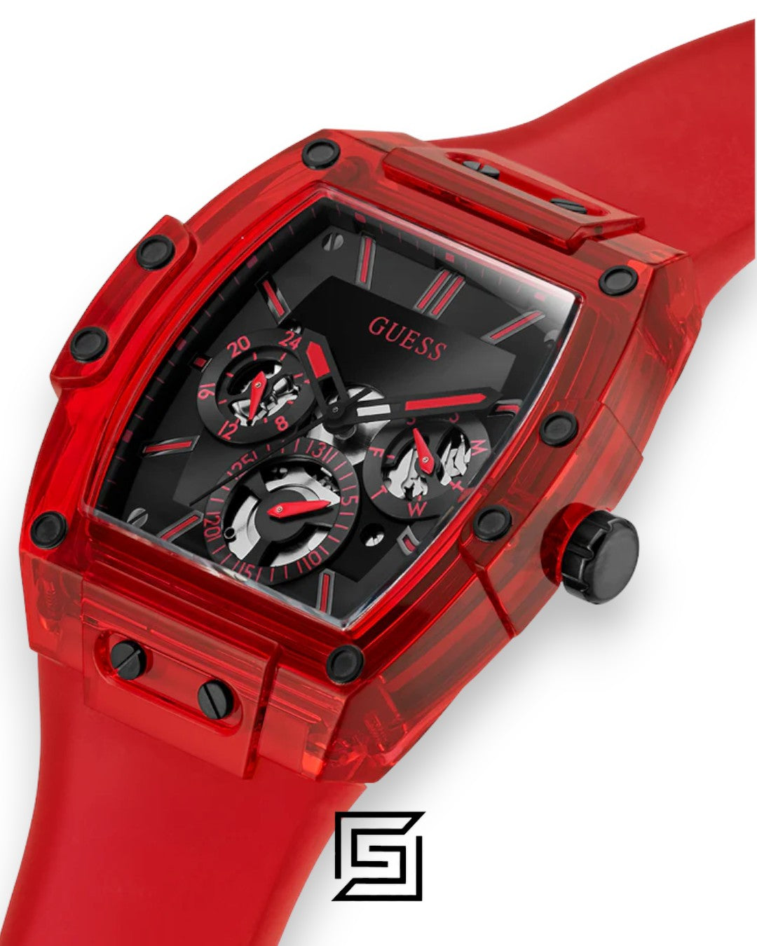 GUESS MEN RED ساعة يد تناظرية باللون الأحمر طراز GW0203G5