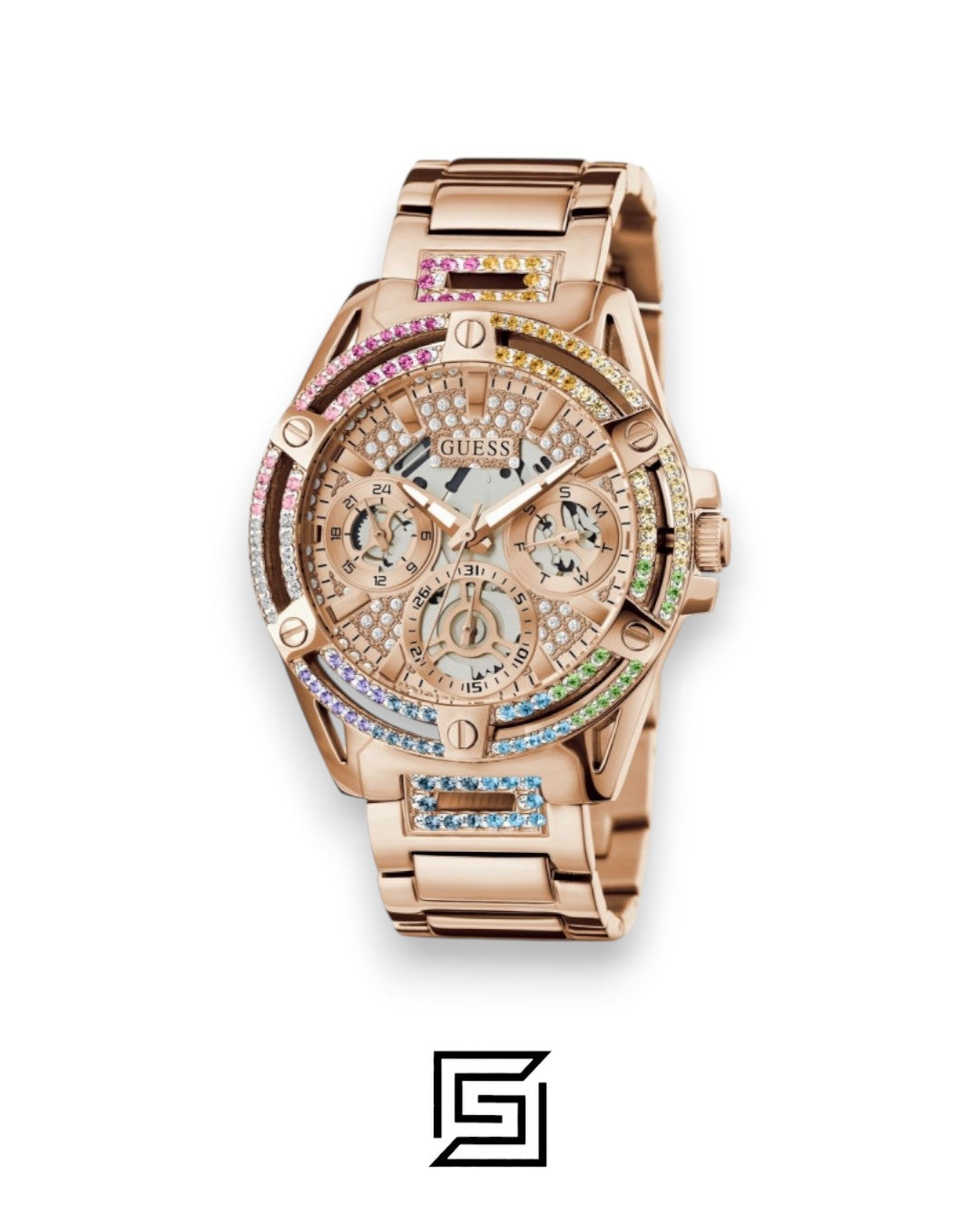 ساعة يد نسائية GUESS لون ذهبي وردي عقارب GW0464L5