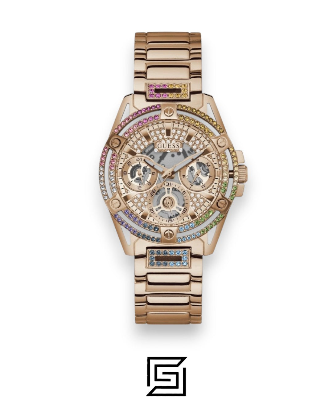 ساعة يد نسائية GUESS لون ذهبي وردي عقارب GW0464L5