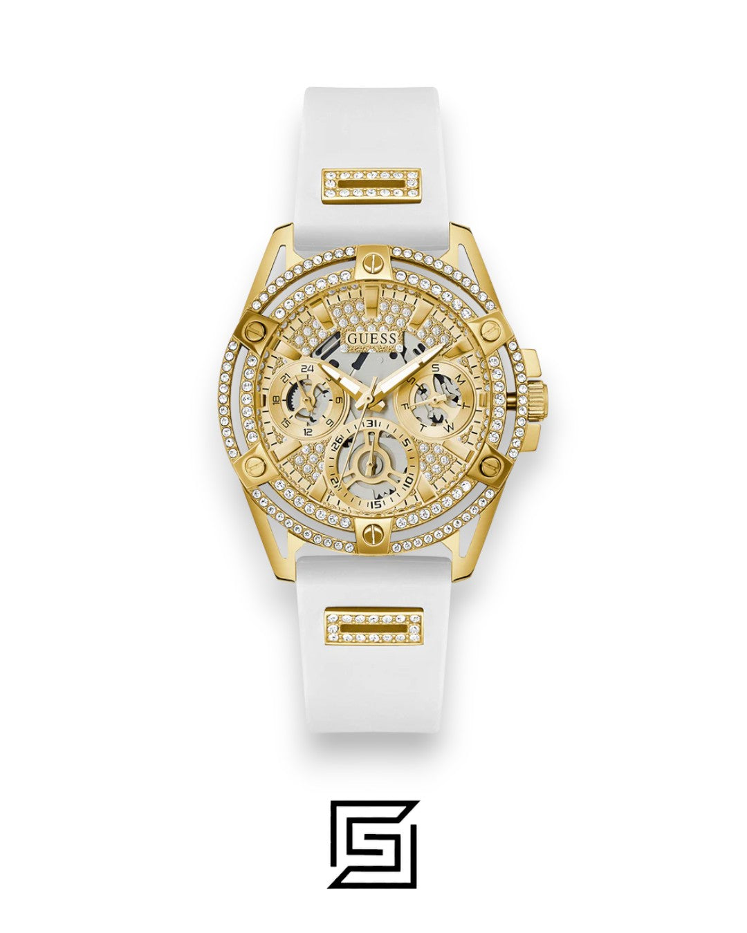 GUESS Ladies Gold Tone Analog Band White Silicone Watch GW0536L2
