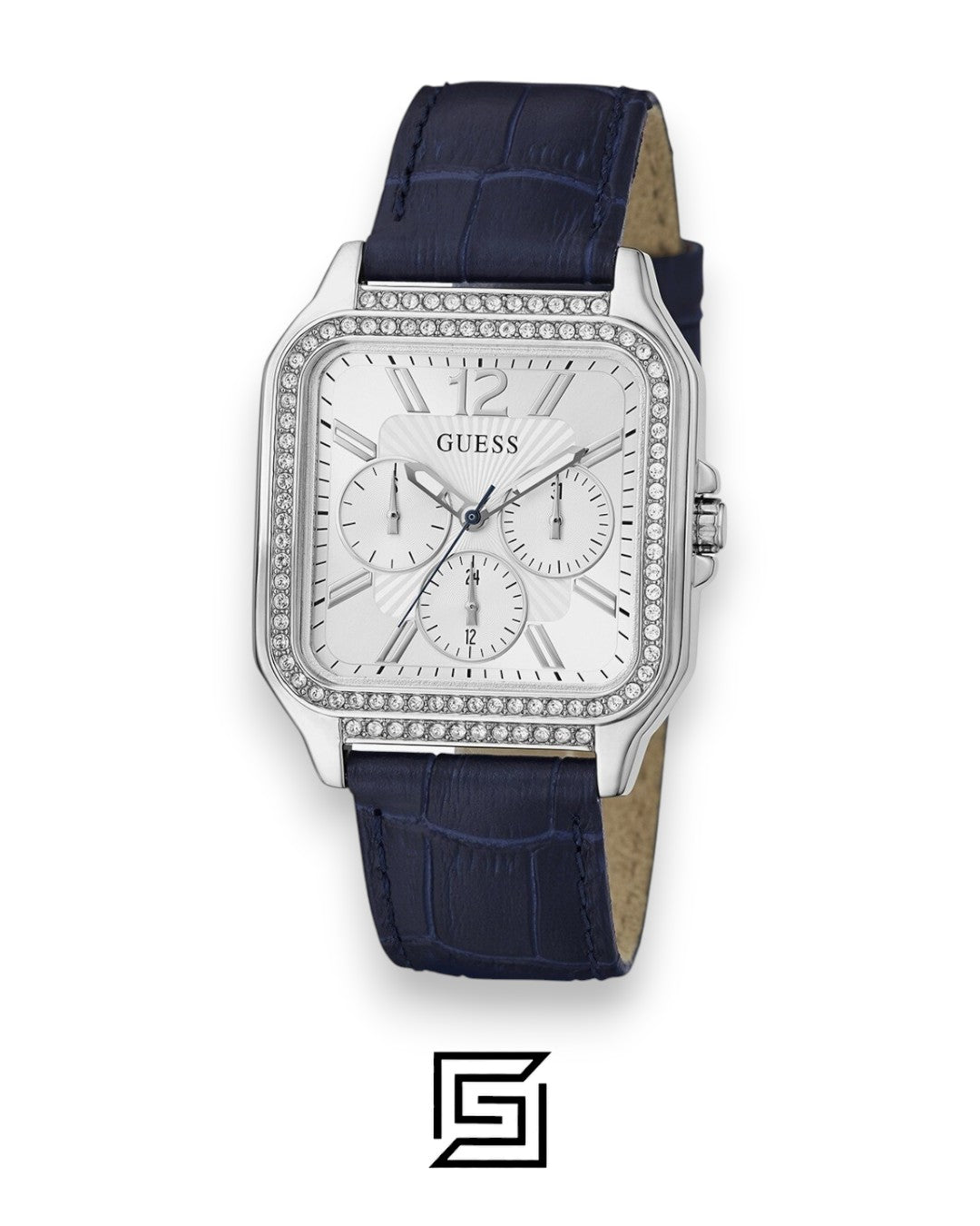 ساعة يد نسائية من GUESS باللون الفضي مع سوار جلدي أزرق طراز GW0309L1