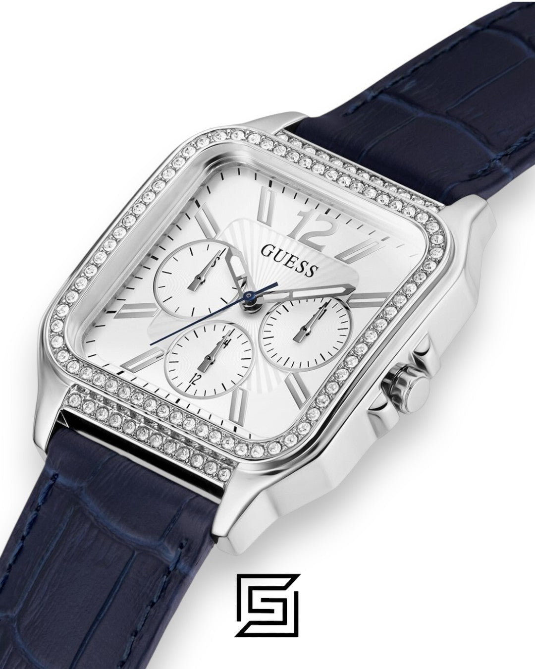 ساعة يد نسائية من GUESS باللون الفضي مع سوار جلدي أزرق طراز GW0309L1