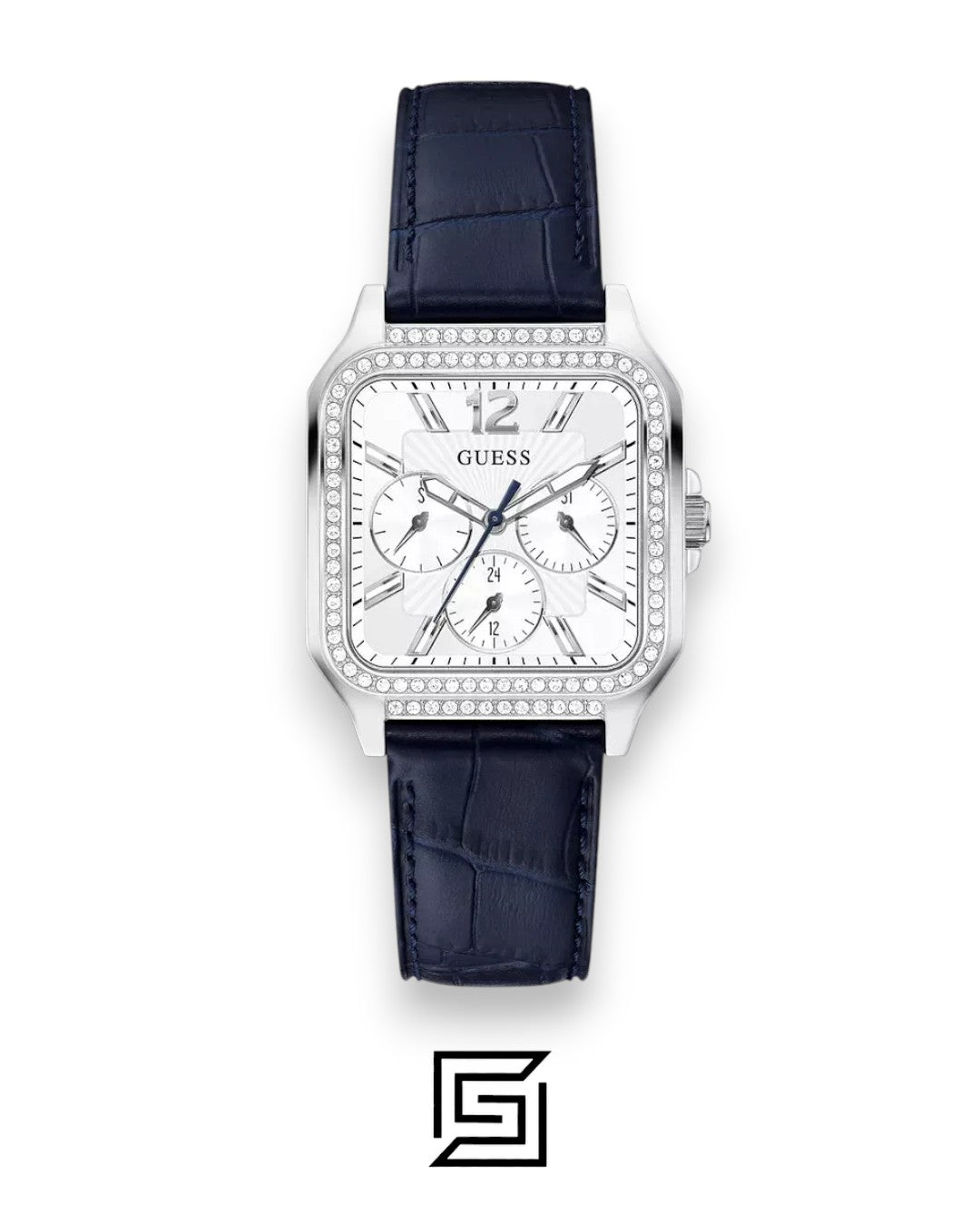 ساعة يد نسائية من GUESS باللون الفضي مع سوار جلدي أزرق طراز GW0309L1