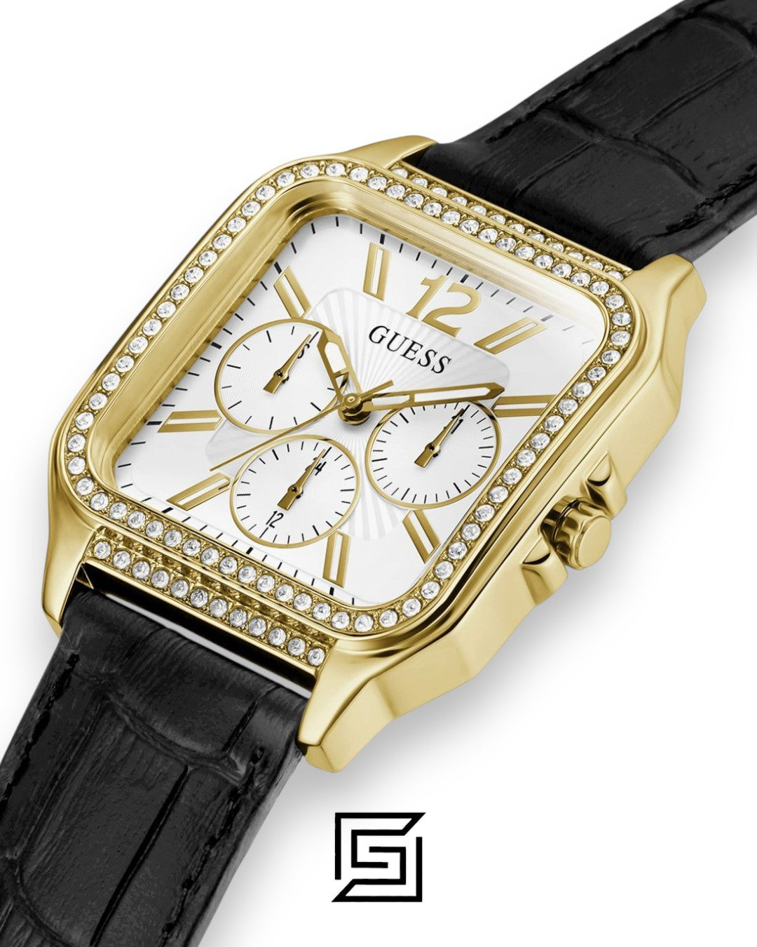 ساعة يد نسائية GUESS ذهبية اللون بعقارب وحزام جلدي أسود موديل GW0309L2