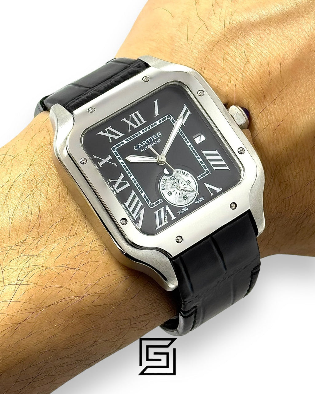 Cartier Santos 3241983 Automatic Dual Time Black Roman Dial Black Leather - 47mm