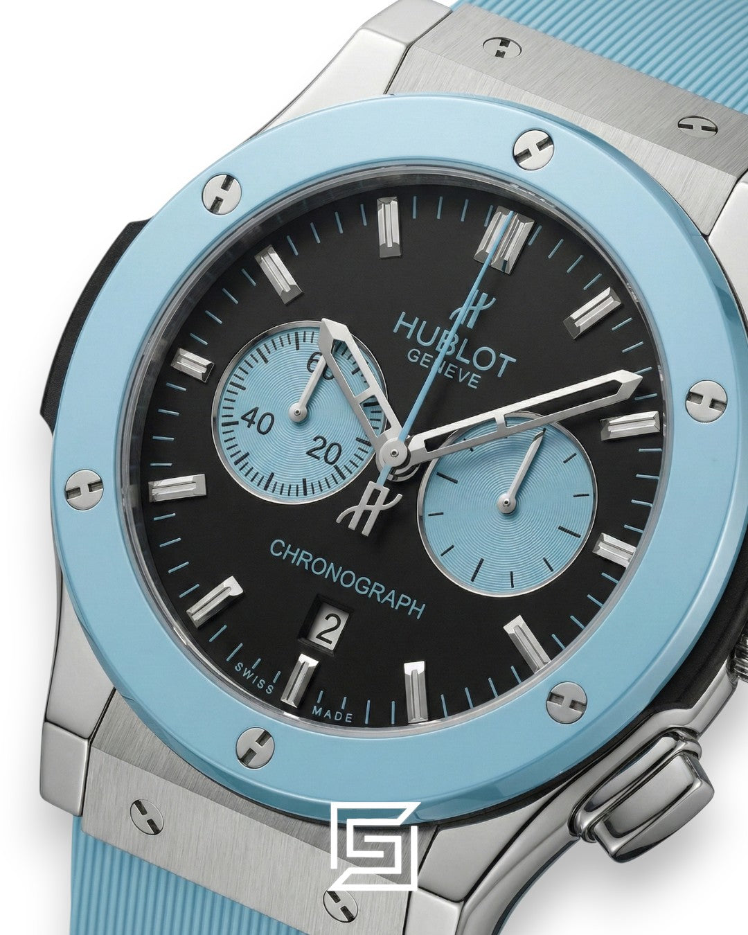 Hublot Classic Fusion Chronograph – Black Dial with Baby Blue Sub-Dials & Strap