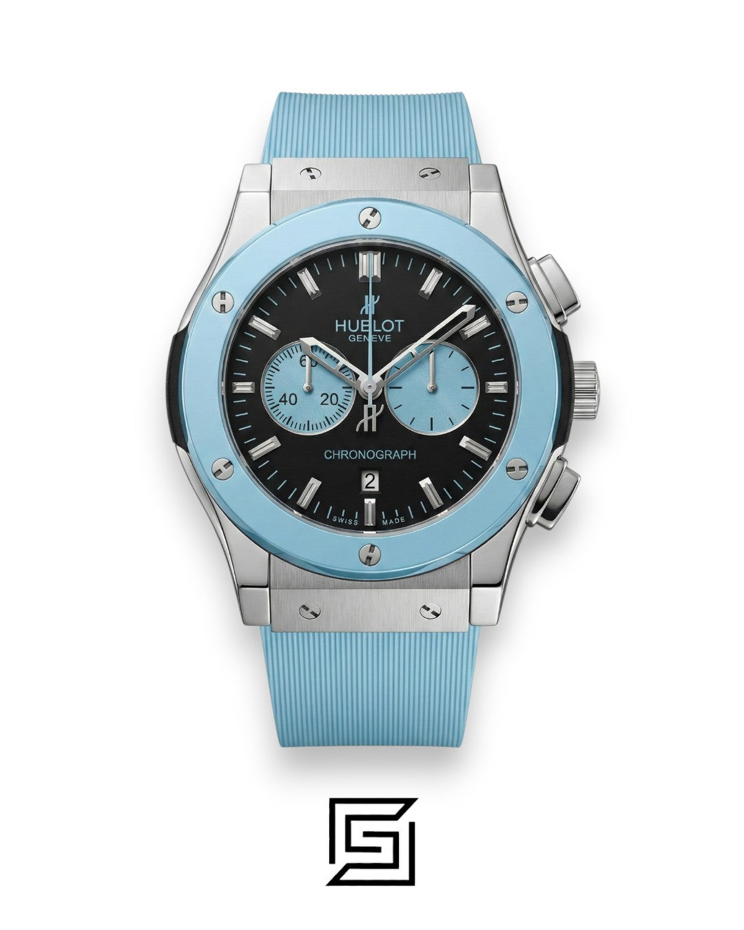 Hublot Classic Fusion Chronograph – Black Dial with Baby Blue Sub-Dials & Strap