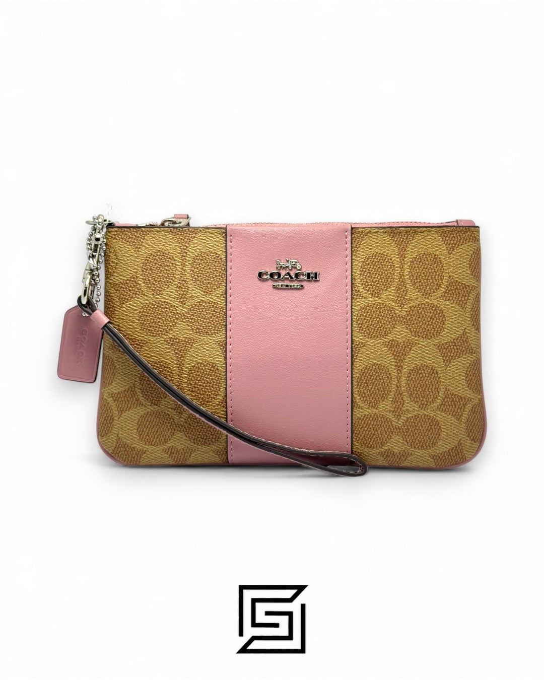 حقيبة المعصم الصغيرة من Coach بنقشة Signature Canva ولونين بني ووردي، رقم الموديل F32445