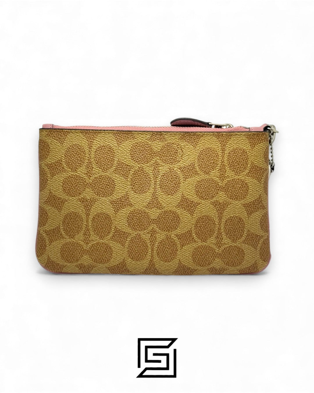 حقيبة المعصم الصغيرة من Coach بنقشة Signature Canva ولونين بني ووردي، رقم الموديل F32445