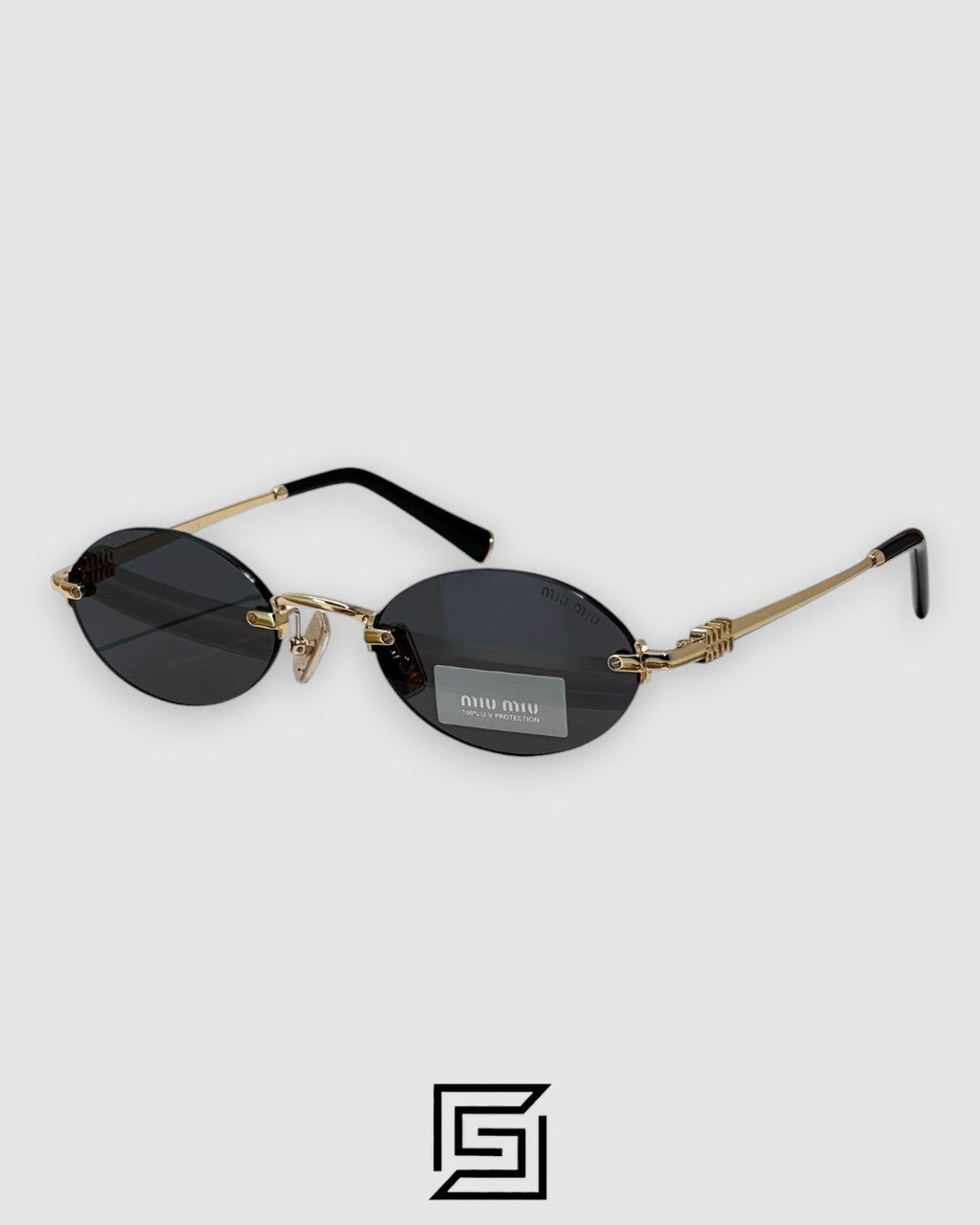 Miu Miu SMUA54S Black Lenses With Gold Frame Luxury Rimless Oval Sunglasses