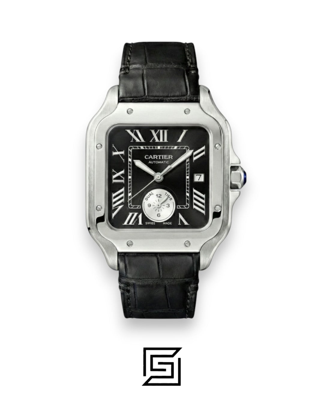 Cartier Santos 3241983 Automatic Dual Time Black Roman Dial Black Leather - 47mm